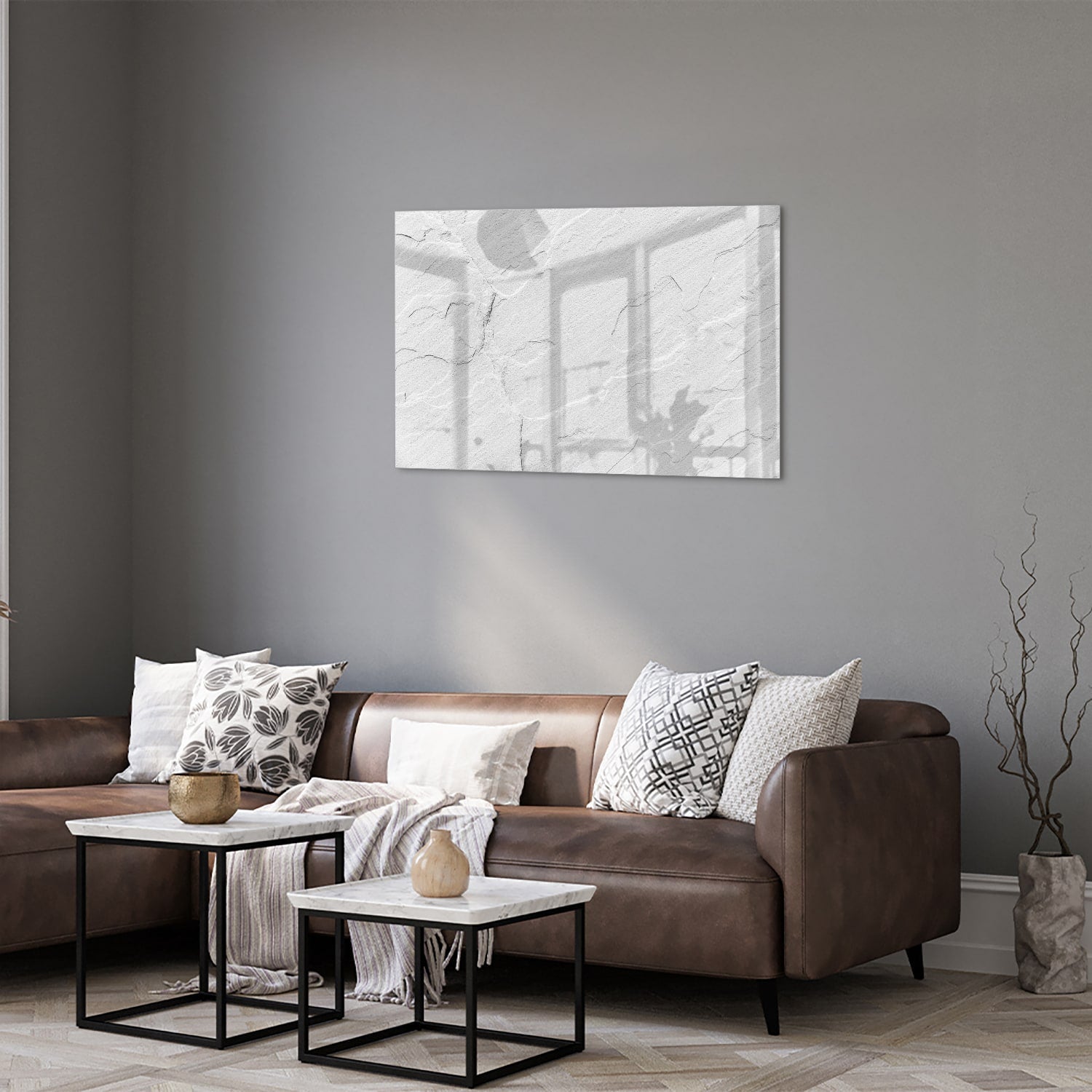 Minimalistisches Glasbild in Grautönen – Glasbild aus Sicherheitsglas, Größe 50x50_rond