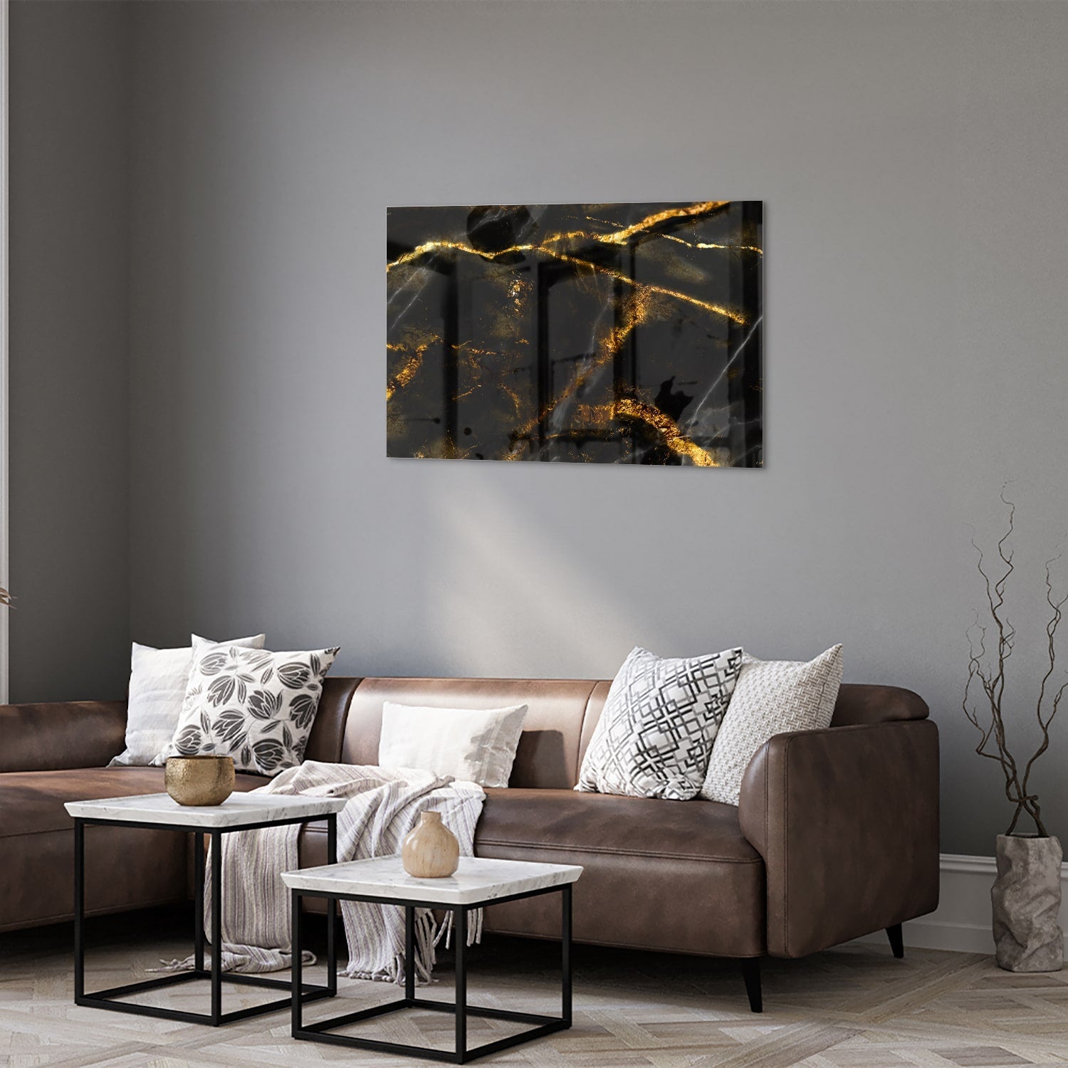 Glasbild mit schwarzem und goldenem Marmordesign – Glasbild aus Sicherheitsglas, Größe 50x50_rond