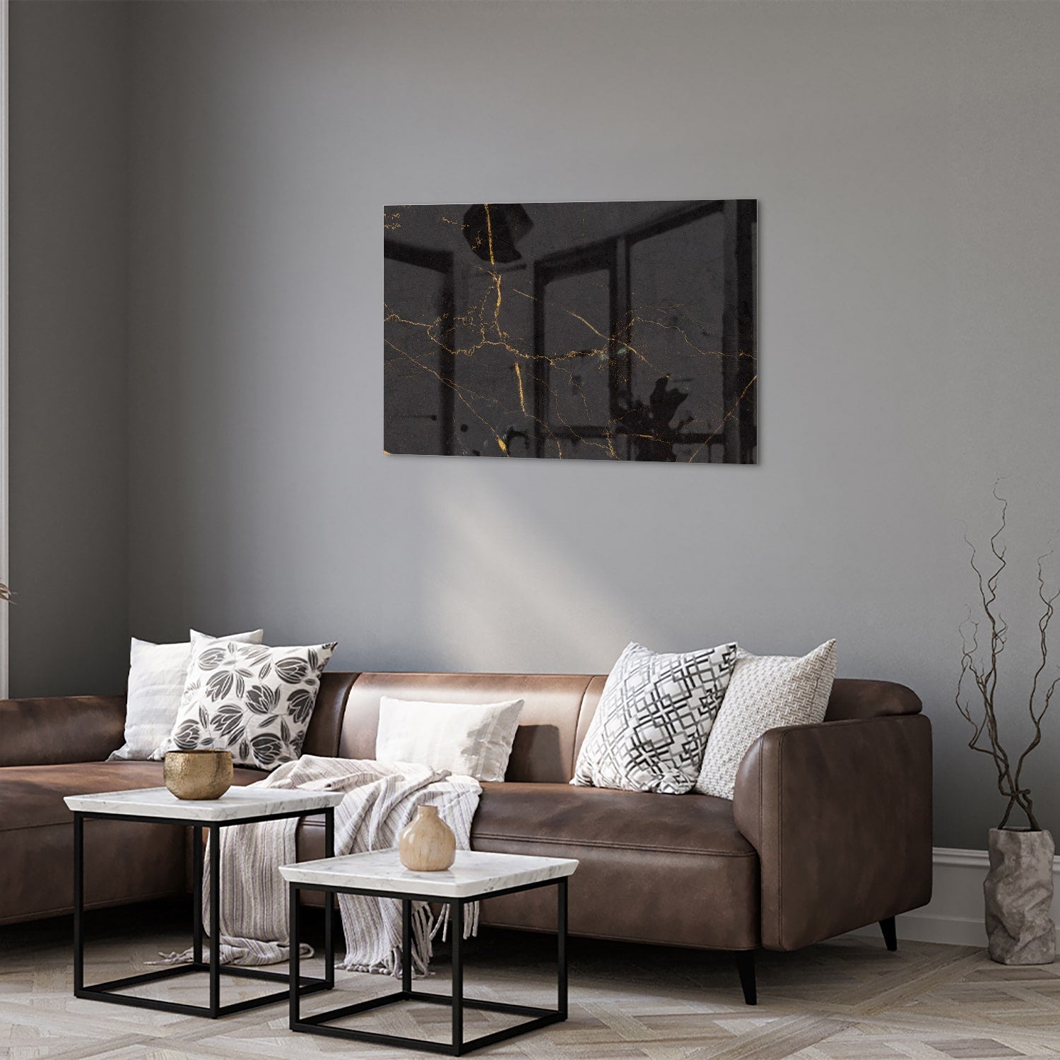 Schwarzes Glasbild mit goldenen Linien – Glasbild aus Sicherheitsglas, Größe 50x50_rond