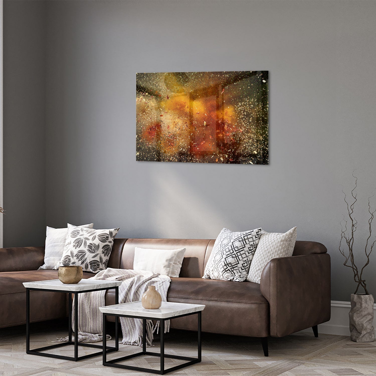 Abstraktes Glasbild mit warmen Farben – Glasbild aus Sicherheitsglas, Größe 50x50_rond