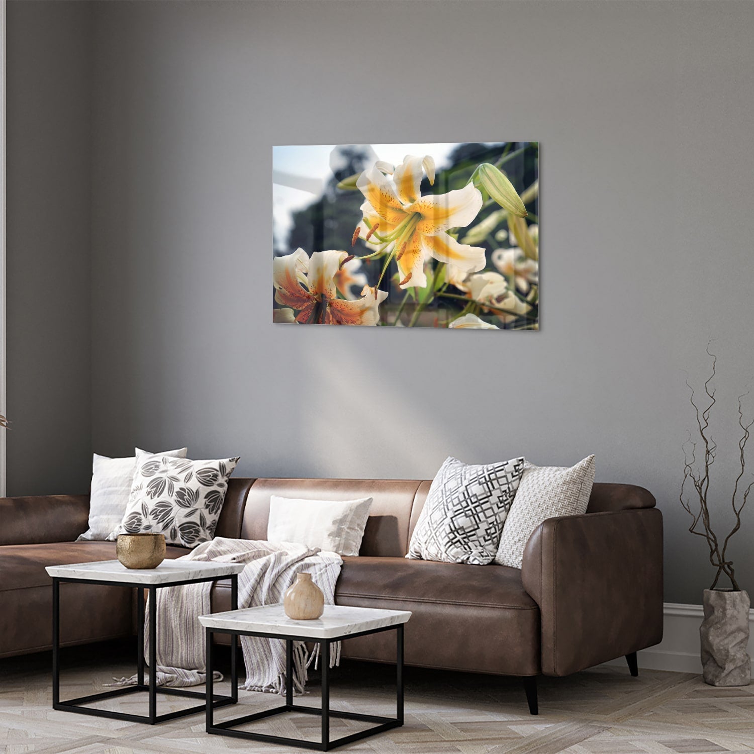 Elegantes Glasbild mit Lilien – Glasbild aus Sicherheitsglas, Größe 50x50_rond