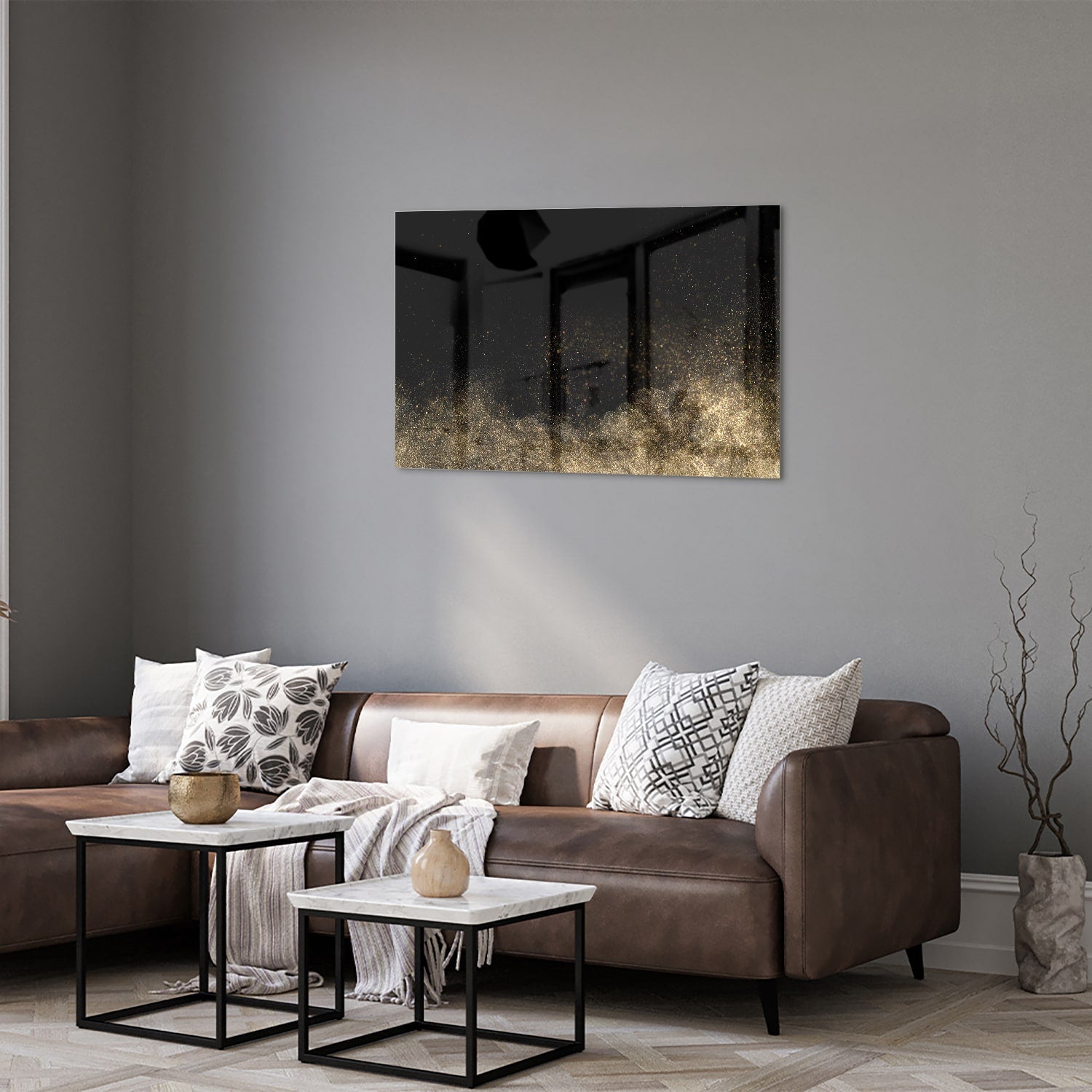 Stilvolles Glasbild mit schwarzen und goldenen Akzenten – Glasbild aus Sicherheitsglas, Größe 50x50_rond
