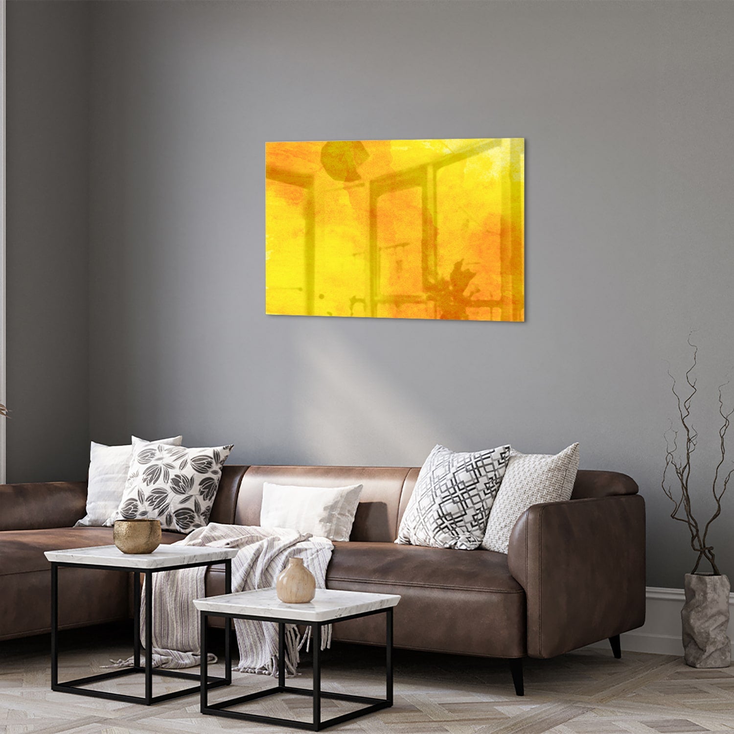Leuchtend gelbes Glasbild für ein geradliniges Interieur – Glasbild aus Sicherheitsglas, Größe 50x50_rond