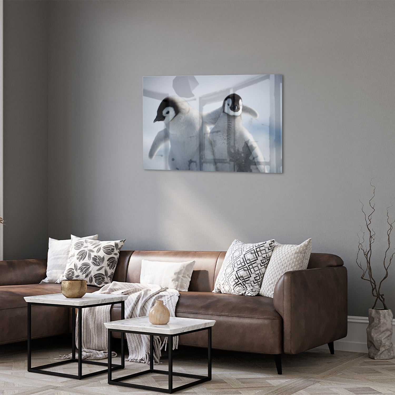 Glasbild mit zwei Pinguinen in winterlicher Atmosphäre – Glasbild aus Sicherheitsglas, Größe 50x50_rond