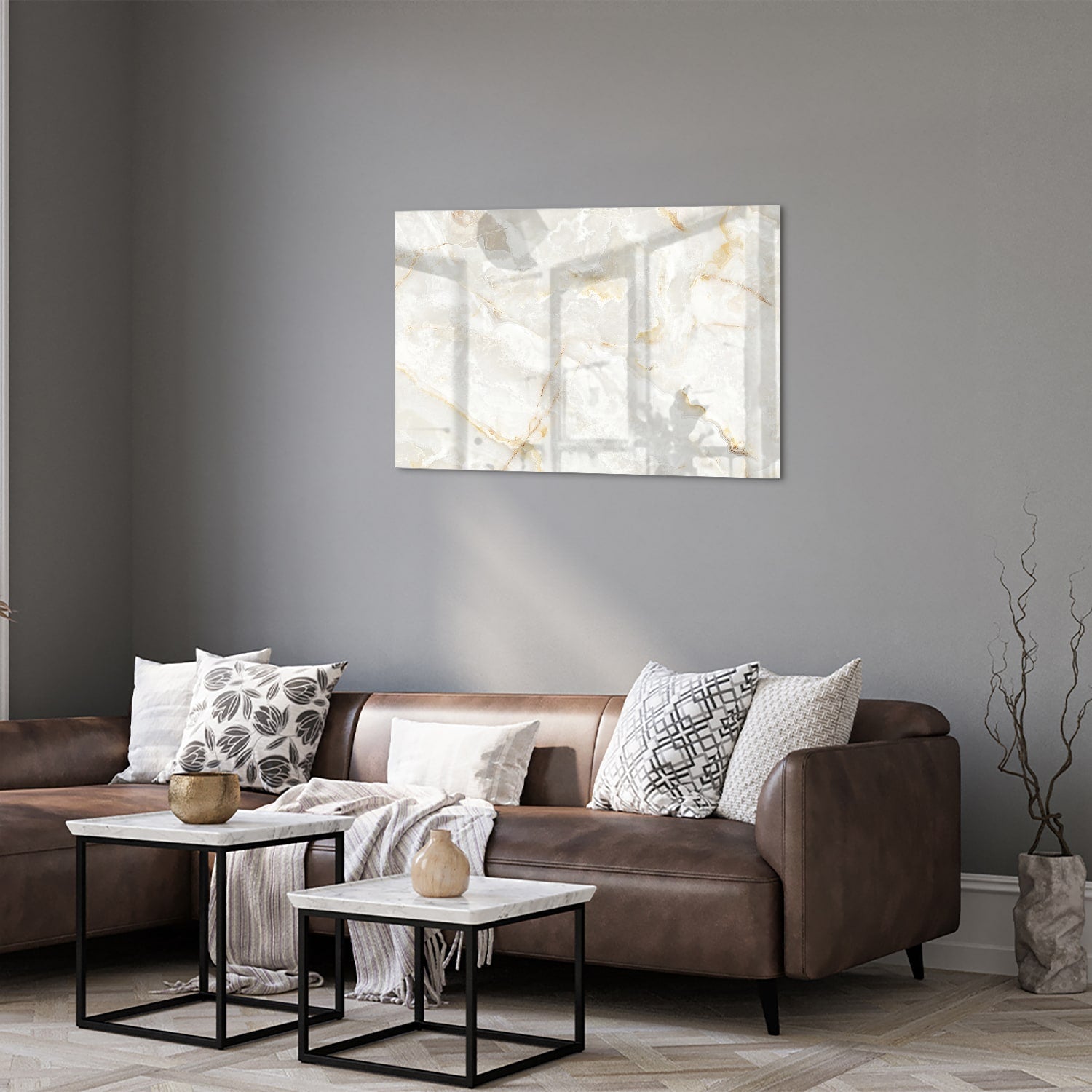 Elegantes Glasbild mit Gold und Grau – Glasbild aus Sicherheitsglas, Größe 50x50_rond