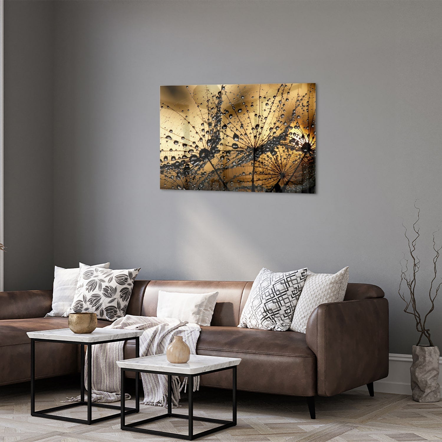 Glasbild mit goldenen Wassertropfen – Glasbild aus Sicherheitsglas, Größe 50x50_rond