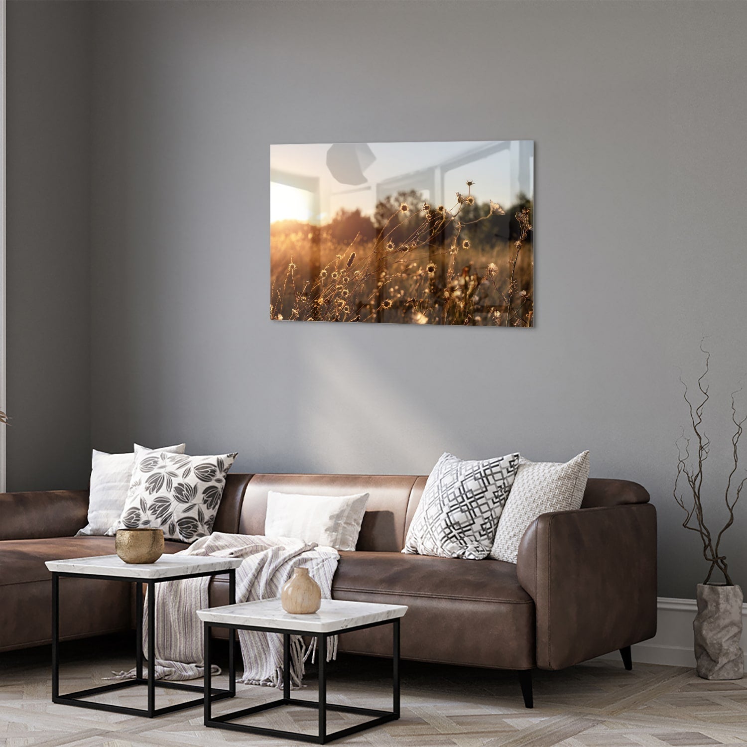 Zauberhaftes Glasbild mit goldenem Sonnenuntergang – Glasbild aus Sicherheitsglas, Größe 50x50_rond