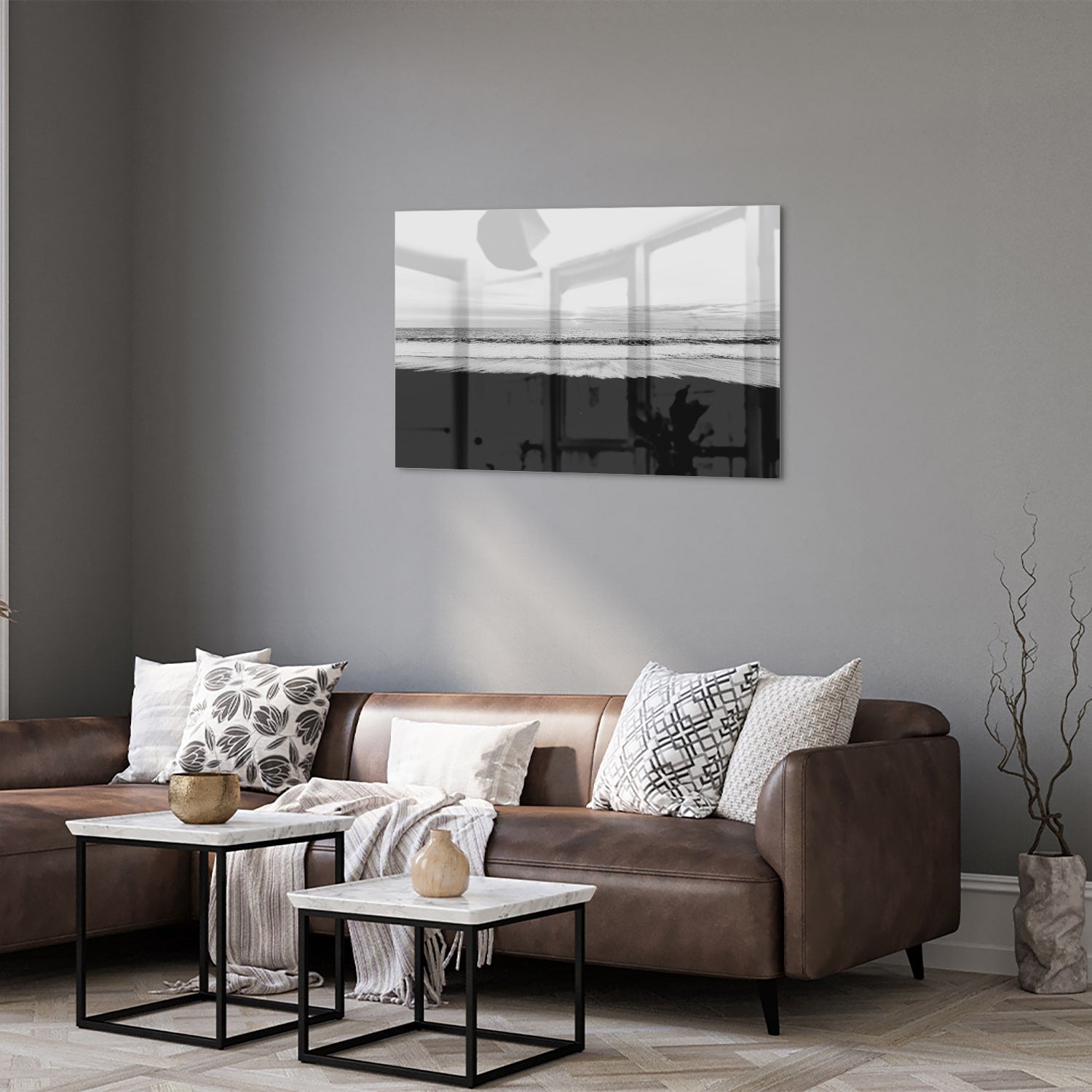 Minimalistisches Schwarz-Weiß-Glasbild – Glasbild aus Sicherheitsglas, Größe 50x50_rond