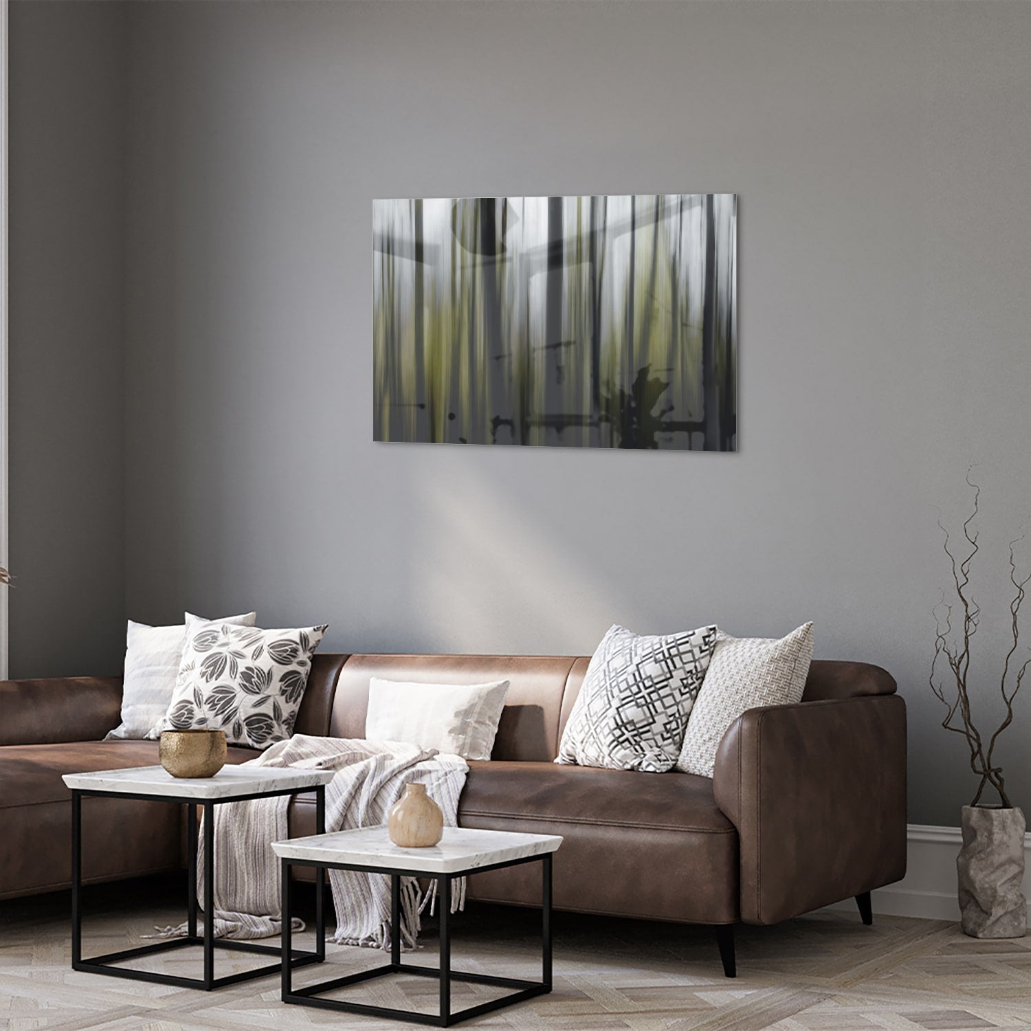 Glasbild mit grünem Bambus in einem modernen Wohnzimmer – Glasbild aus Sicherheitsglas, Größe 50x50_rond