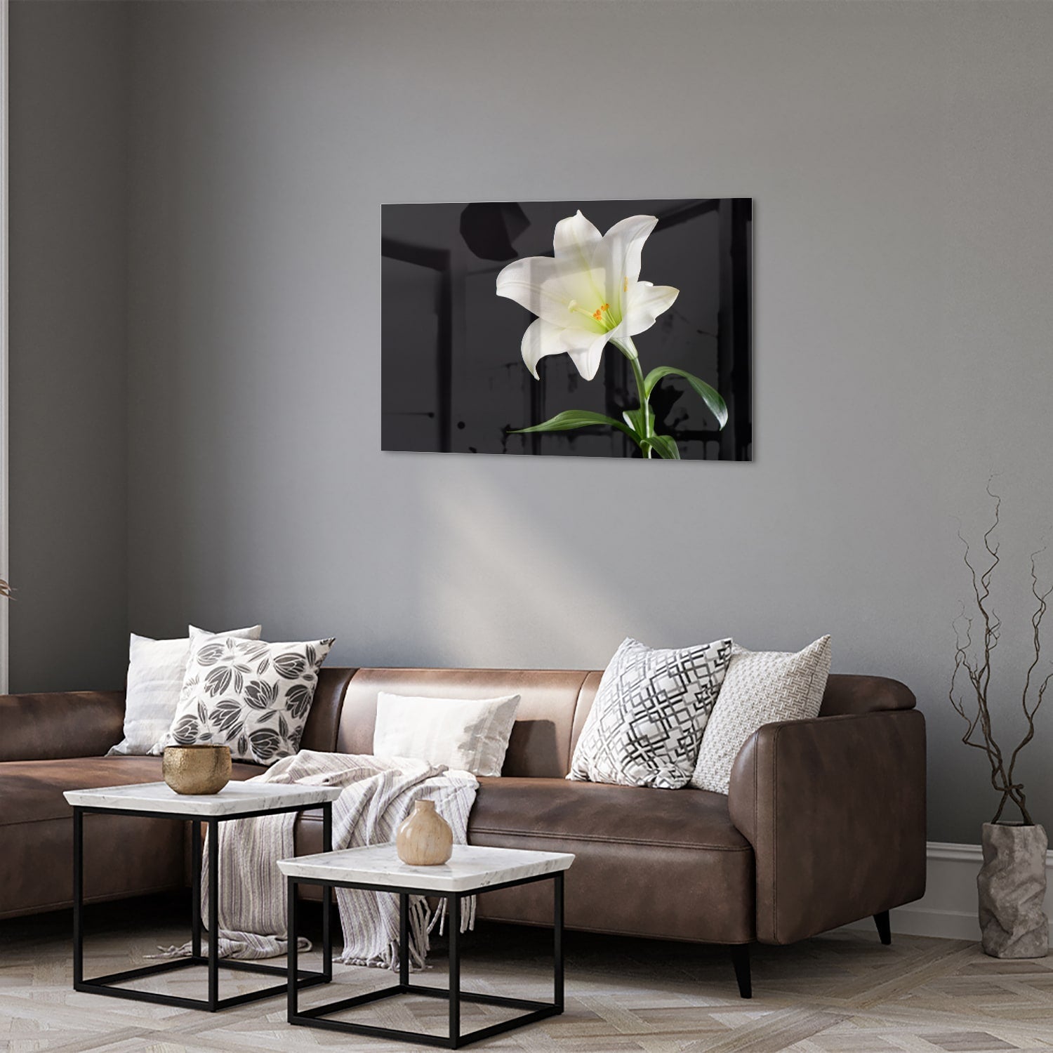 Stilvolles Glasbild mit einer weißen Lilie – Glasbild aus Sicherheitsglas, Größe 50x50_rond