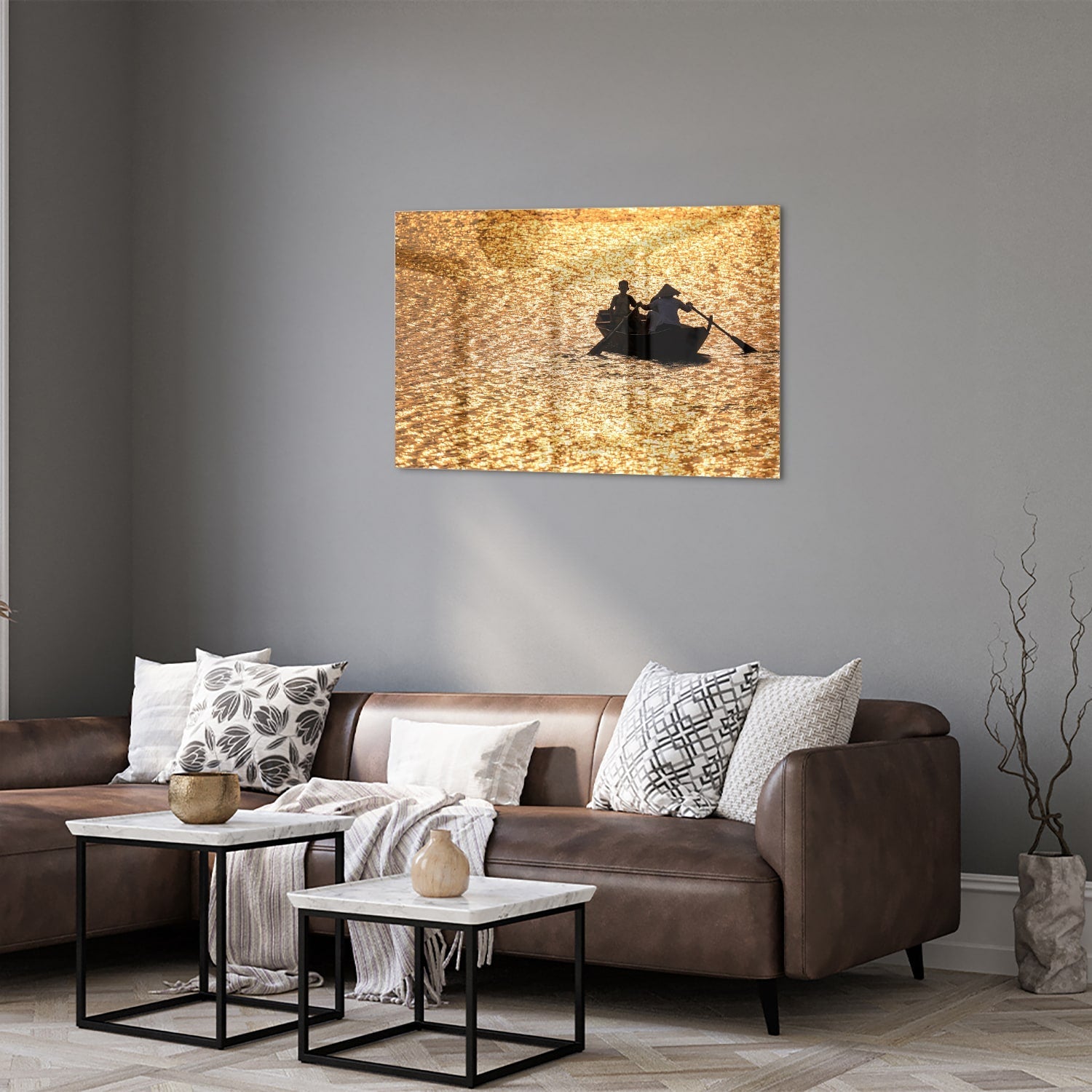 Glasbild mit Ruderboot auf goldenem Wasser – Glasbild aus Sicherheitsglas, Größe 50x50_rond