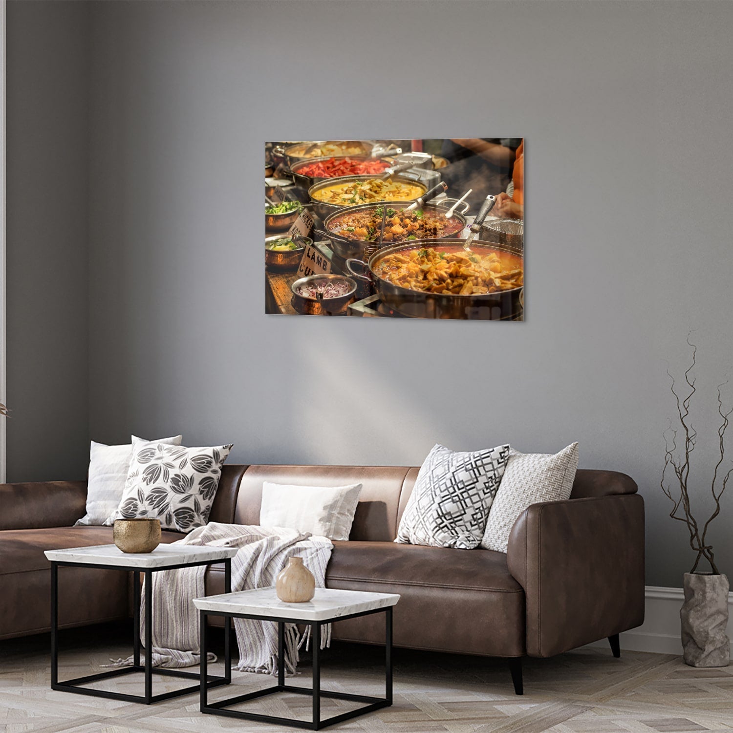 Farbenfrohes Glasbild mit indischem Essen – Glasbild aus Sicherheitsglas, Größe 50x50_rond