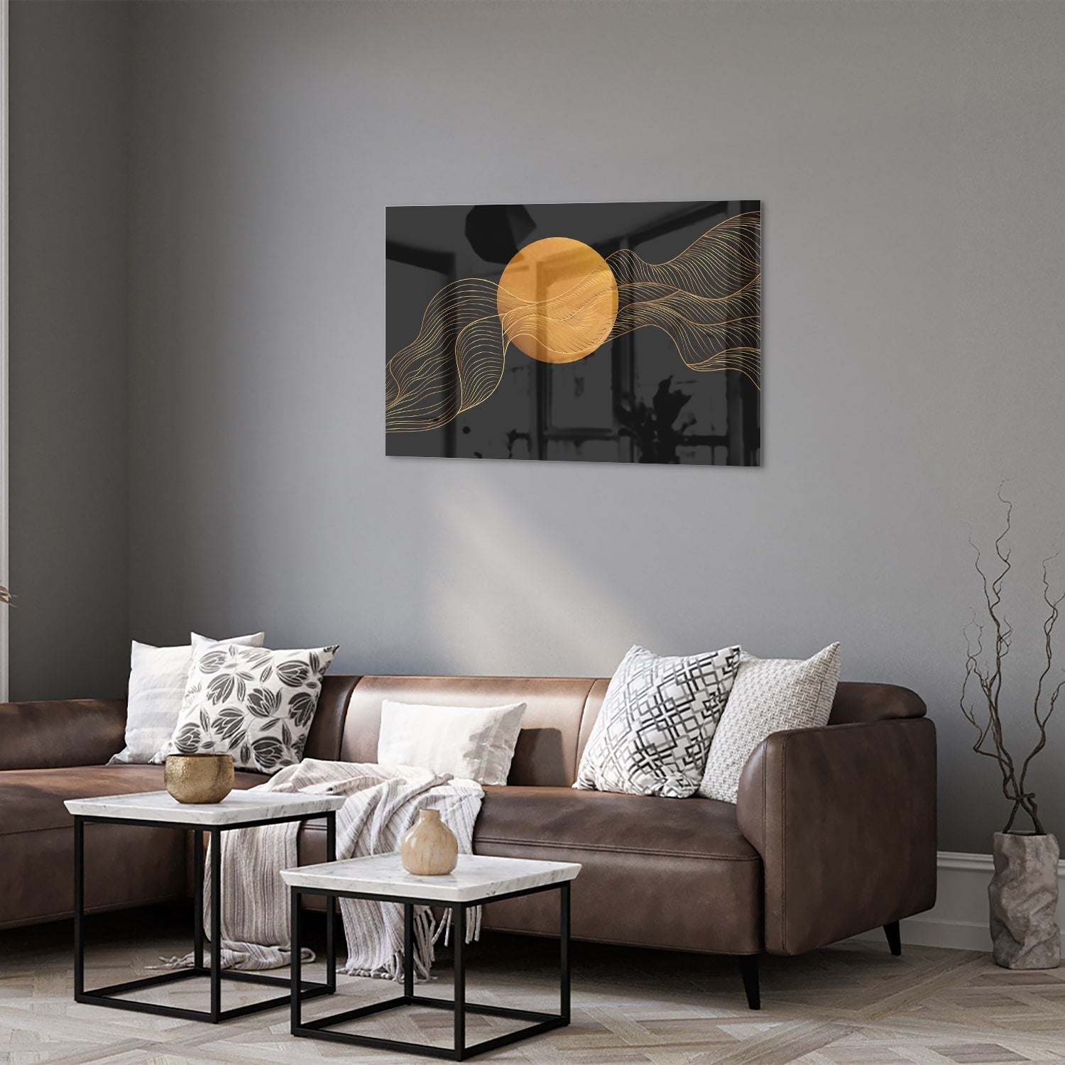 Abstraktes Glasbild mit goldener Sonne und schwarzem Design – Glasbild aus Sicherheitsglas, Größe 50x50_rond