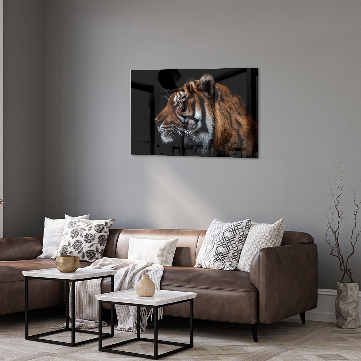 Glasbild mit majestätischen Tigern – Glasbild aus Sicherheitsglas, Größe 50x50_rond