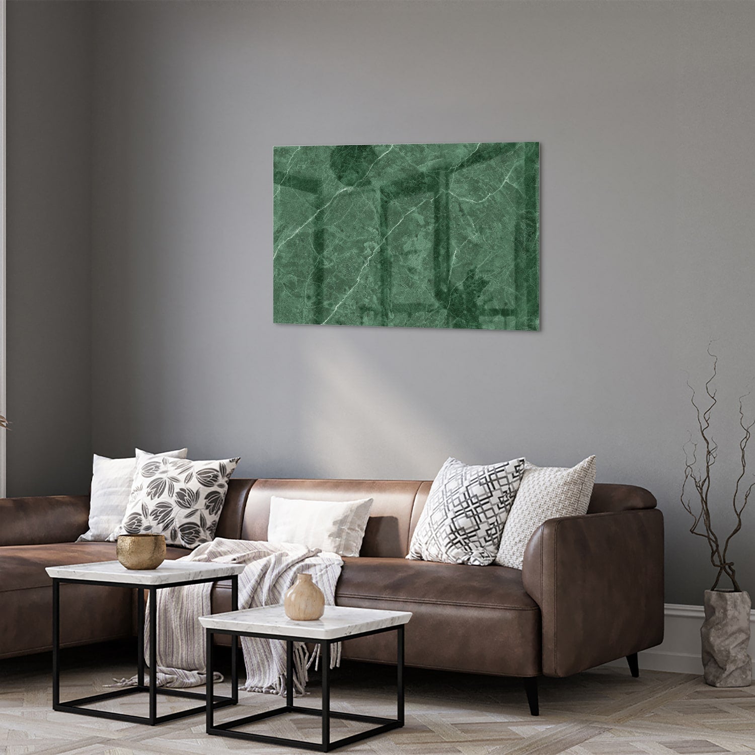 Grünes Glasbild mit Marmoroptik – Glasbild aus Sicherheitsglas, Größe 50x50_rond