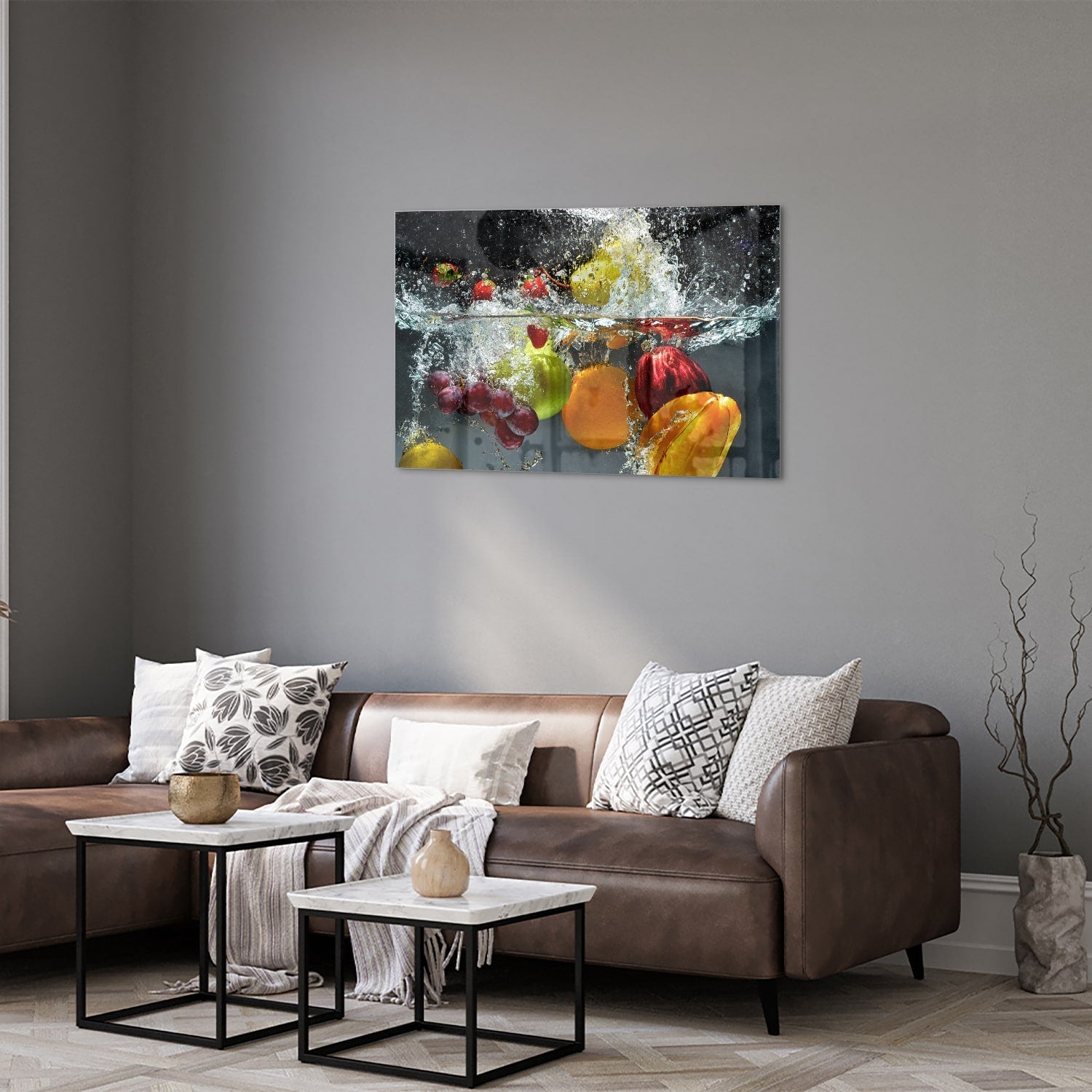 Leuchtendes Glasbild mit Früchten und Wassertropfen – Glasbild aus Sicherheitsglas, Größe 50x50_rond