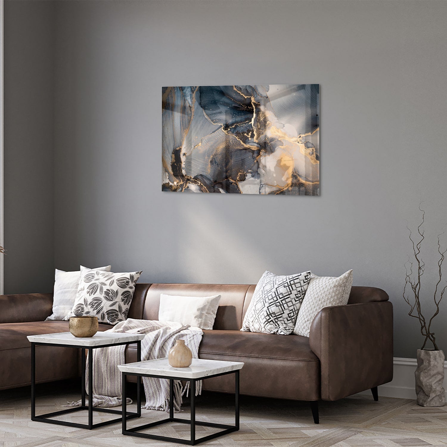 Elegantes Glasbild mit Blau und Gold – Glasbild aus Sicherheitsglas, Größe 50x50_rond