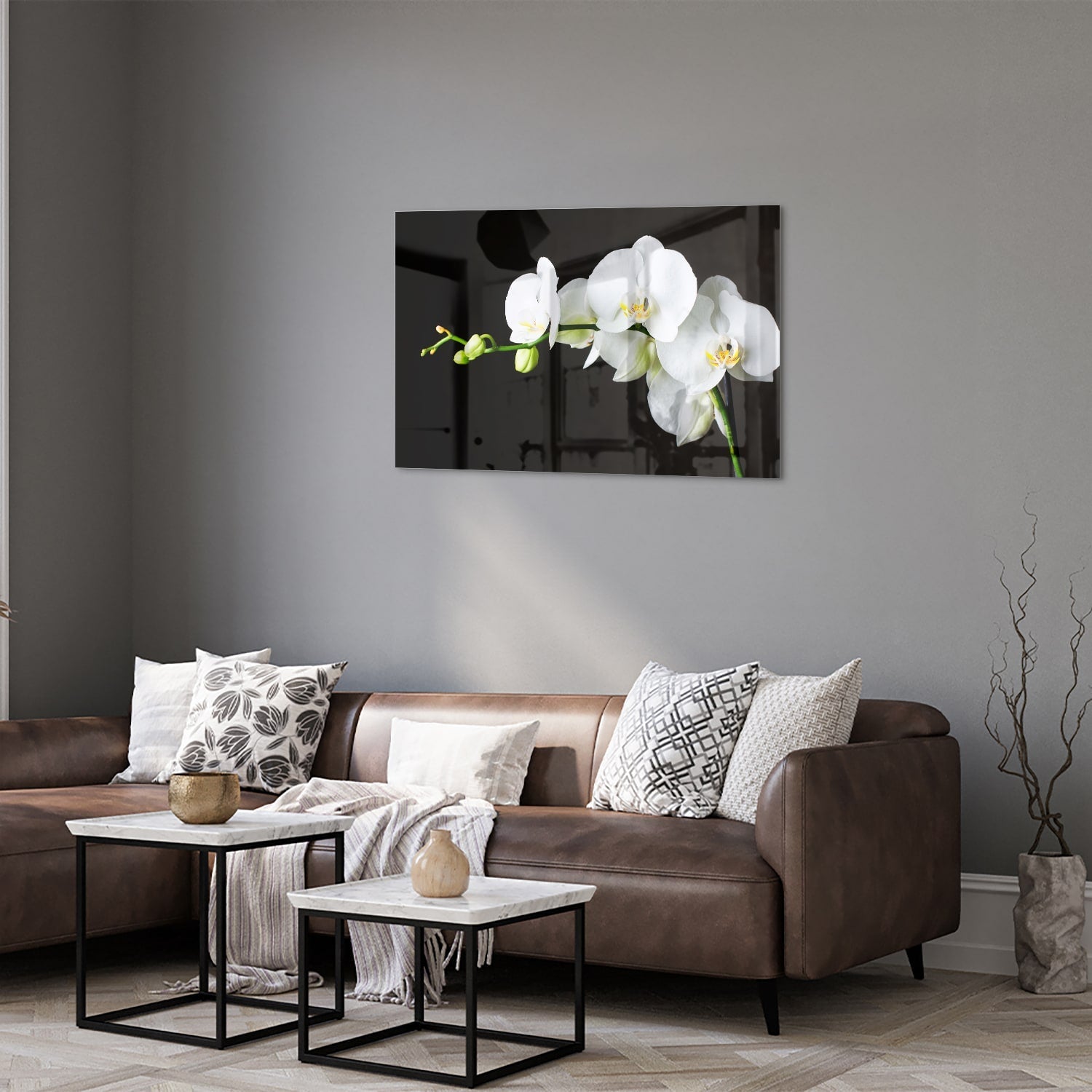 Elegantes Glasbild mit weißen Orchideen – Glasbild aus Sicherheitsglas, Größe 50x50_rond