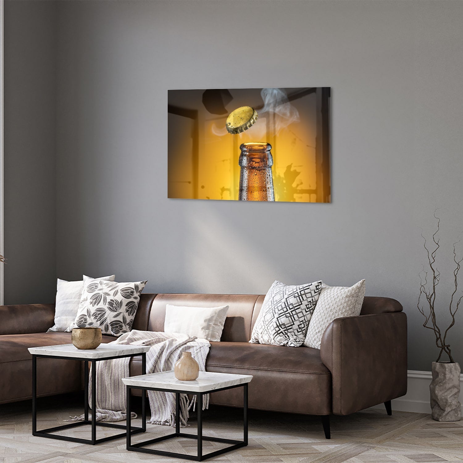 Glasbild mit aufsteigender Flasche und Verschluss – Glasbild aus Sicherheitsglas, Größe 50x50_rond