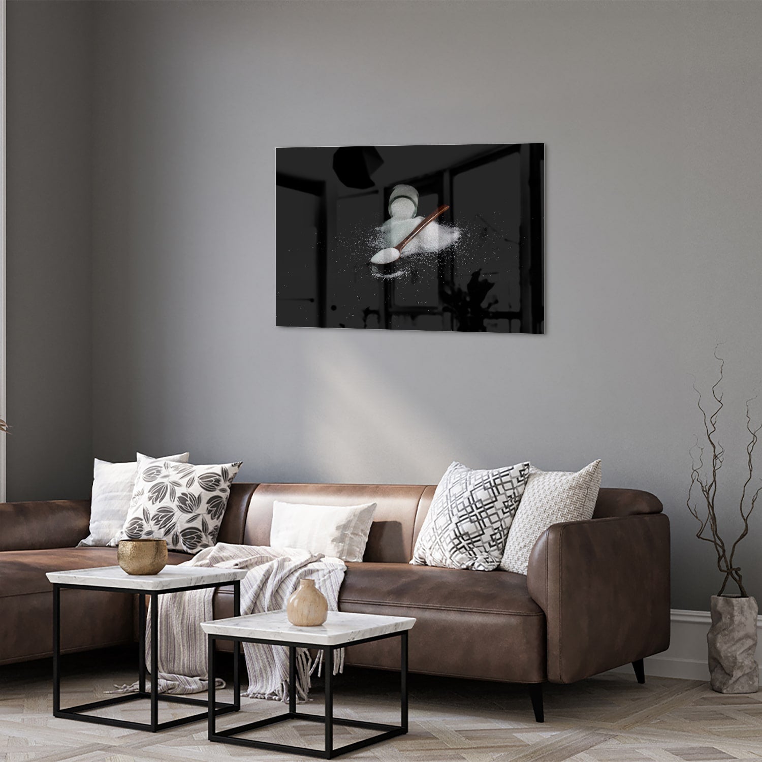 Glasbild mit Salz und Löffel auf schwarzem Hintergrund – Glasbild aus Sicherheitsglas, Größe 50x50_rond