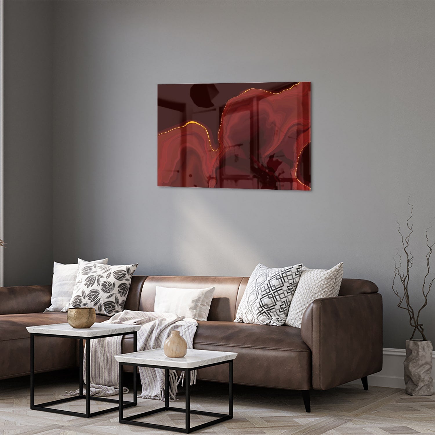 Abstraktes Glasbild mit warmen Rottönen – Glasbild aus Sicherheitsglas, Größe 50x50_rond