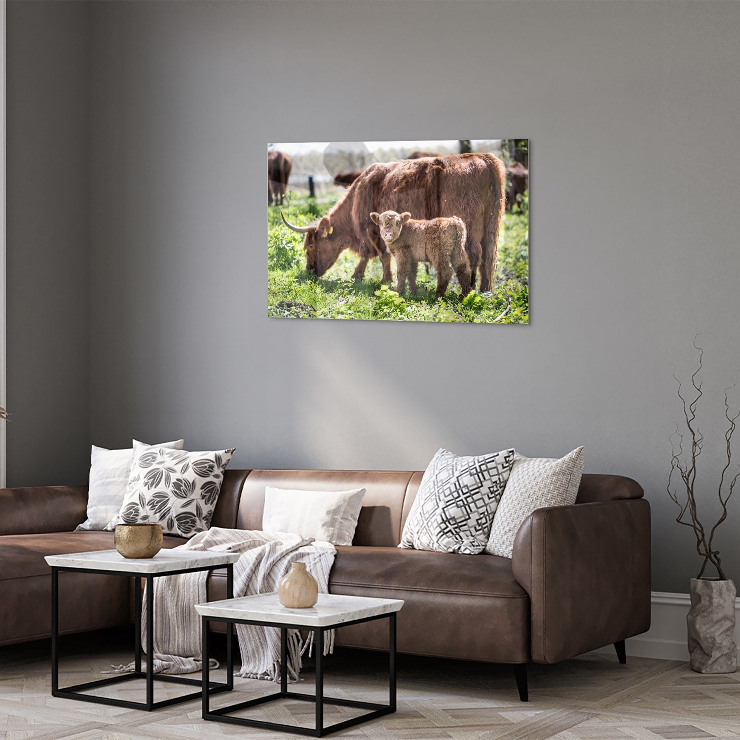 Glasbild mit Mutter und Kalb in der Natur – Glasbild aus Sicherheitsglas, Größe 50x50_rond