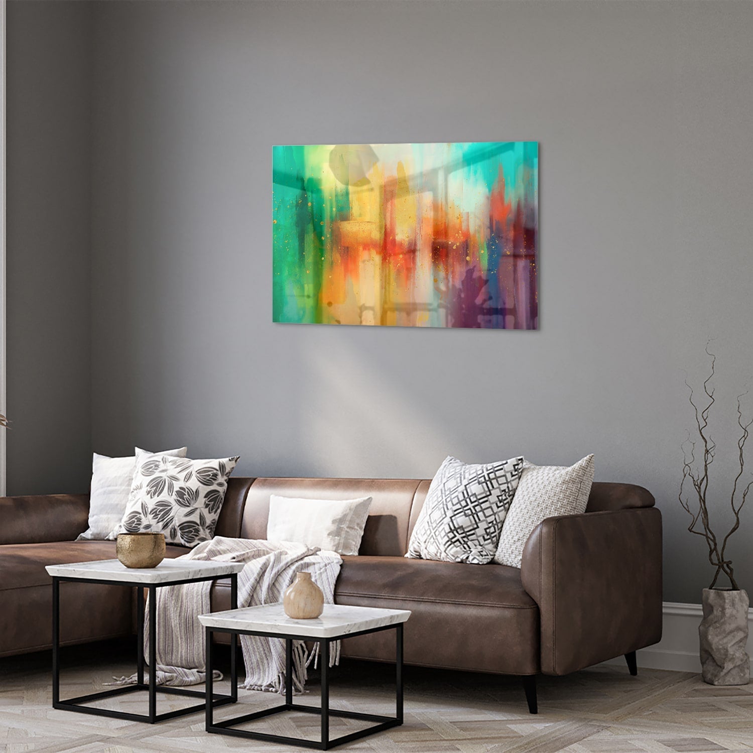 Farbenfrohes Glasbild mit abstrakten Formen – Glasbild aus Sicherheitsglas, Größe 50x50_rond
