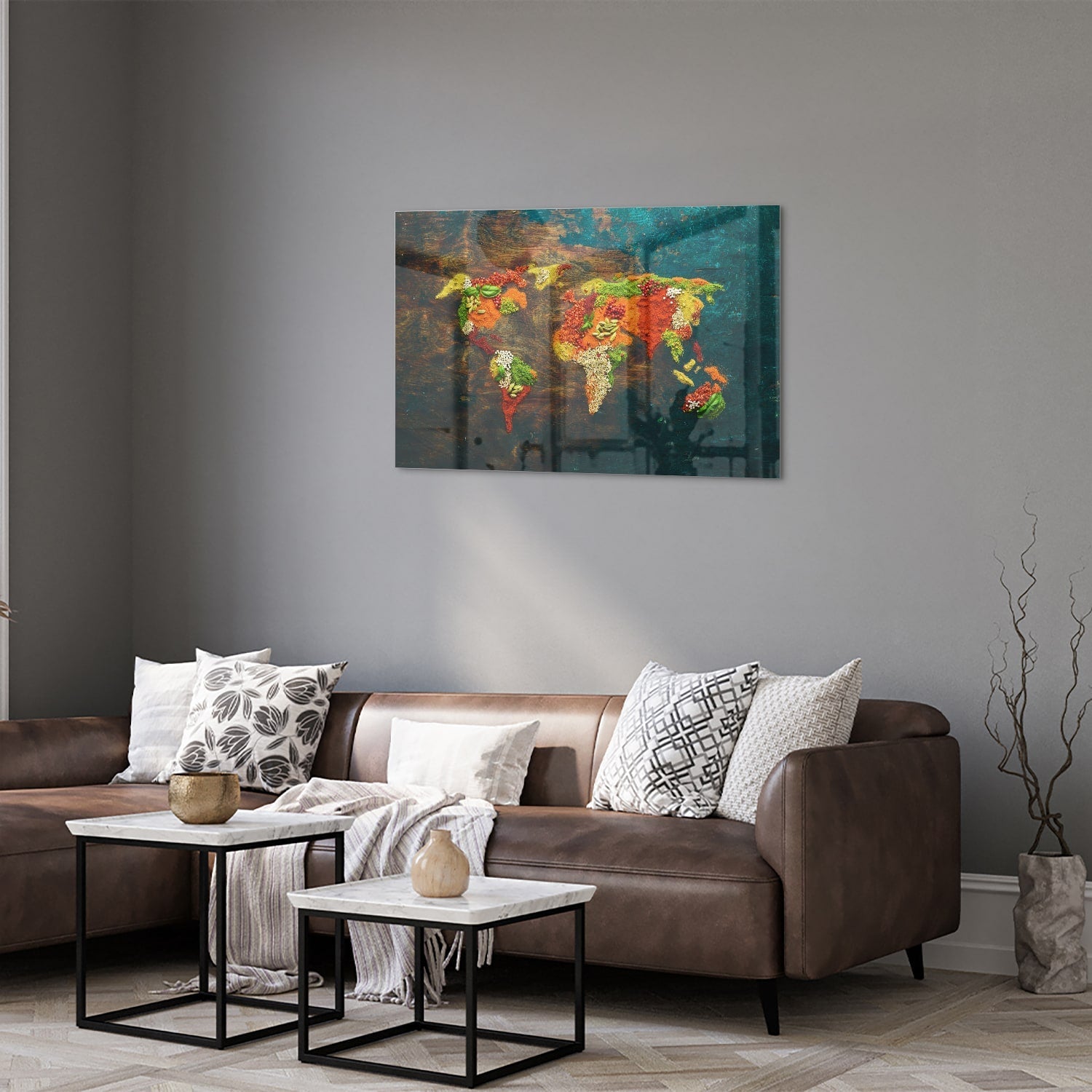 Einzigartiges Glasbild mit moderner Weltkarte – Glasbild aus Sicherheitsglas, Größe 50x50_rond