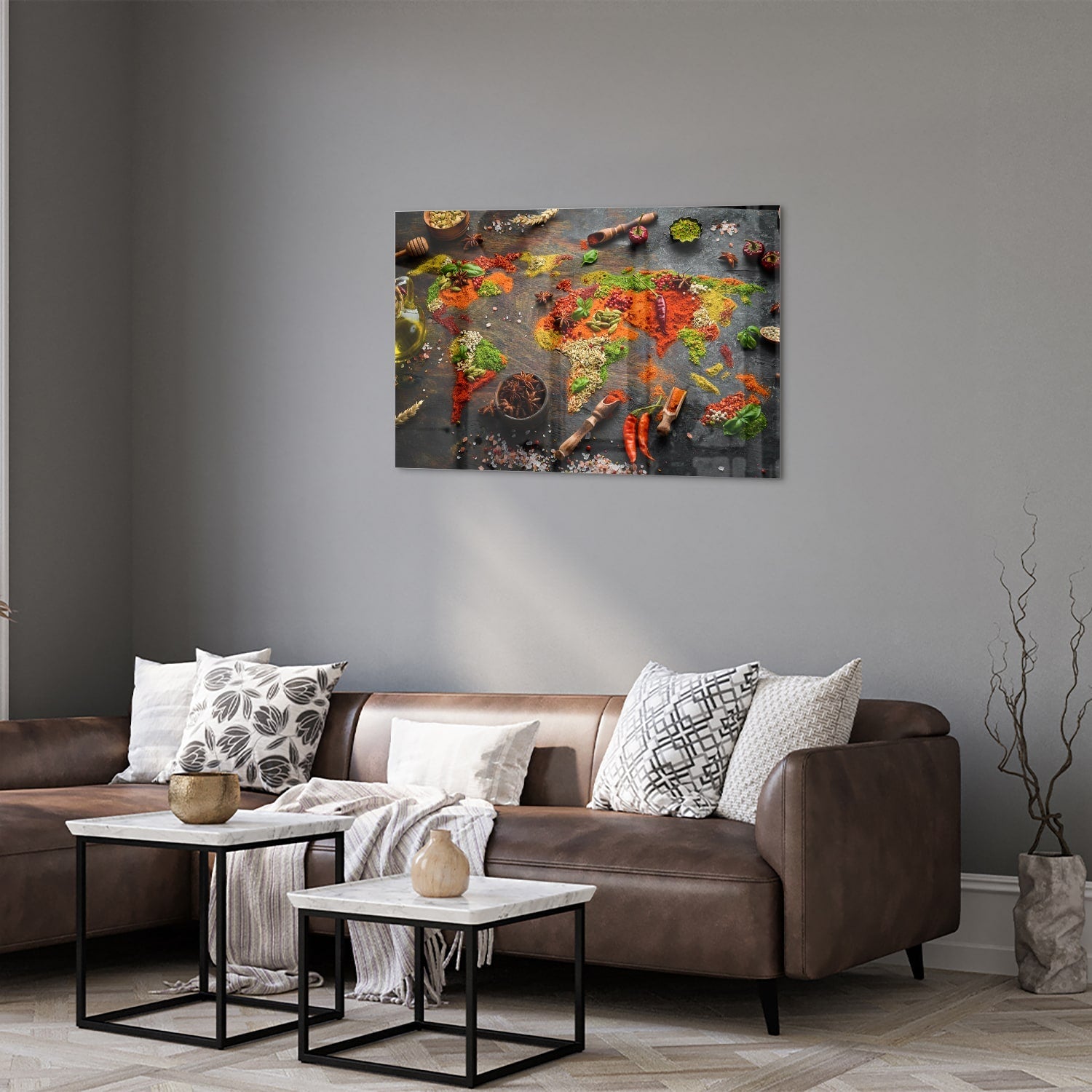 Farbenfrohes Glasbild mit Gewürzen und Gemüse – Glasbild aus Sicherheitsglas, Größe 50x50_rond