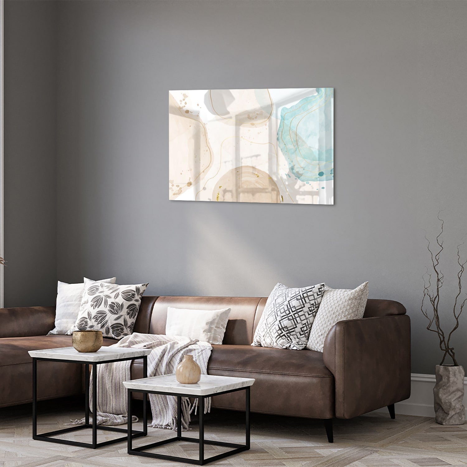 Elegantes Glasbild mit sanftem Aqua und goldenen Farbtönen – Glasbild aus Sicherheitsglas, Größe 50x50_rond