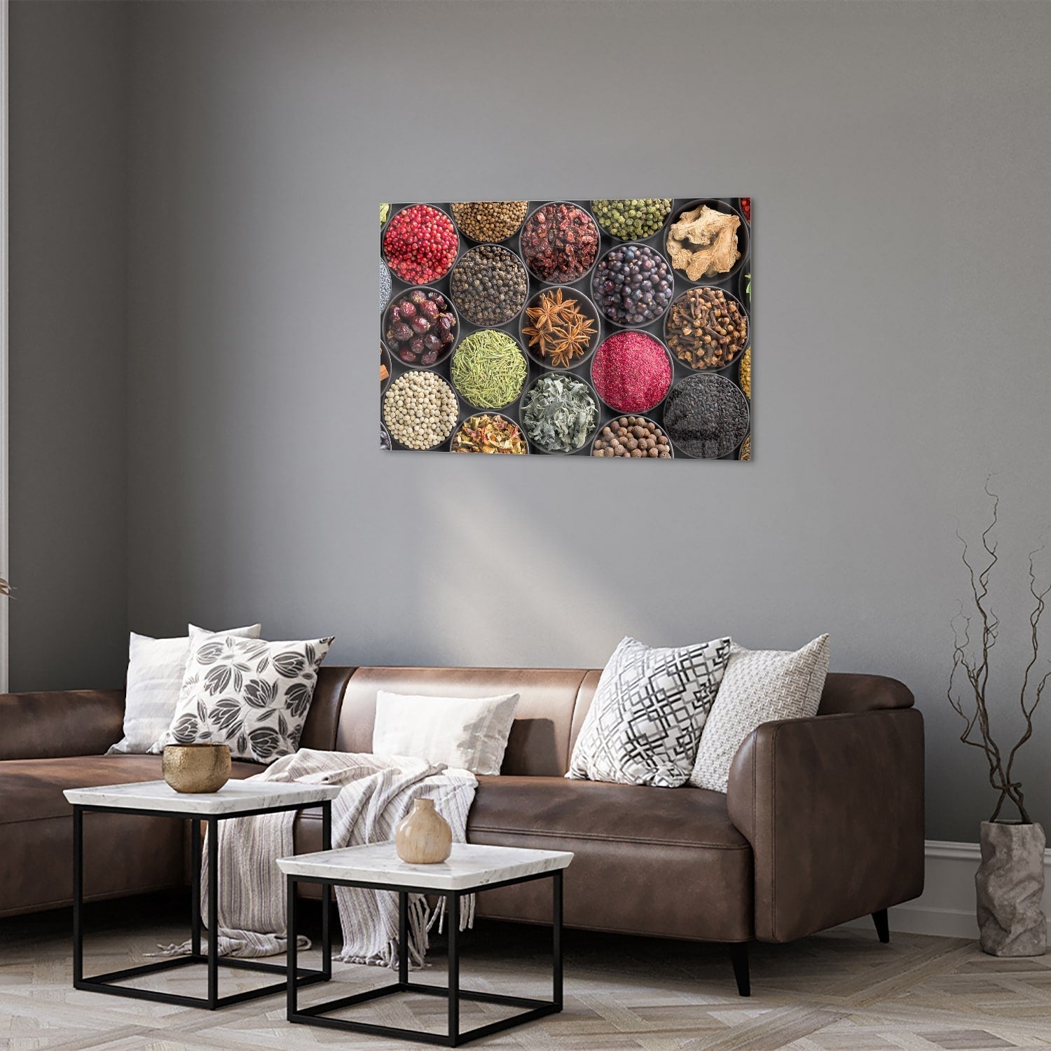 Farbenfrohes Glasbild mit Gewürzen und Kräutern – Glasbild aus Sicherheitsglas, Größe 50x50_rond