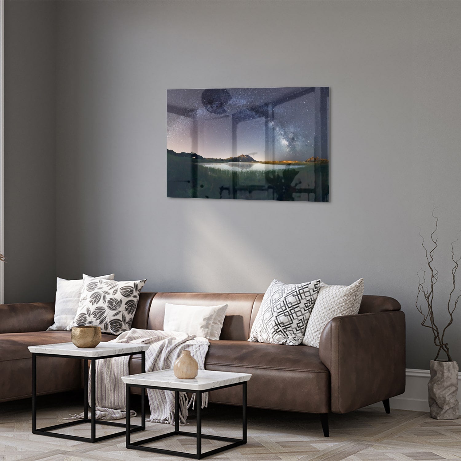 Glasbild: Sternenhimmel und Berge – Glasbild aus Sicherheitsglas, Größe 50x50_rond