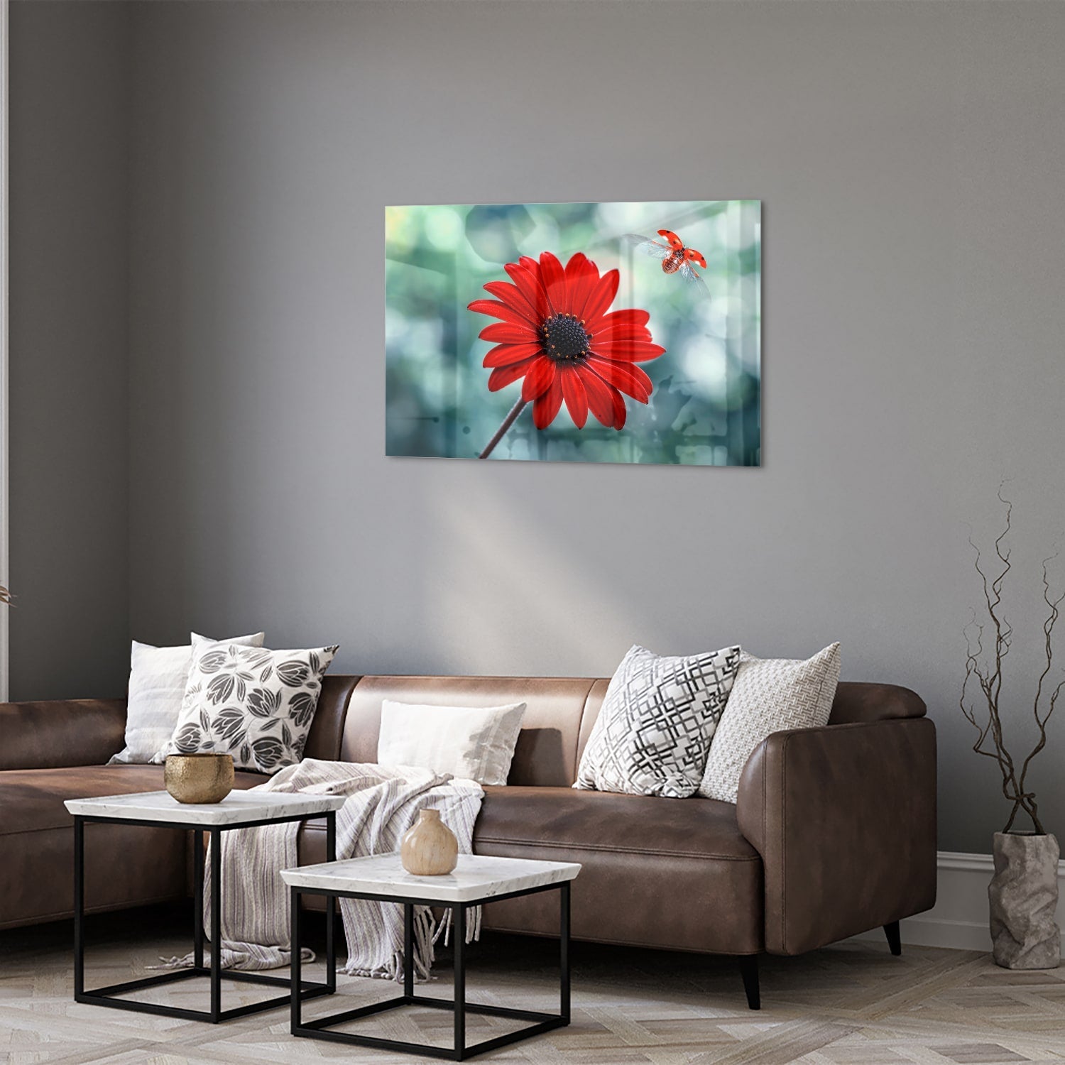 Beeindruckendes Glasbild mit einem roten Löwenzahn – Glasbild aus Sicherheitsglas, Größe 50x50_rond