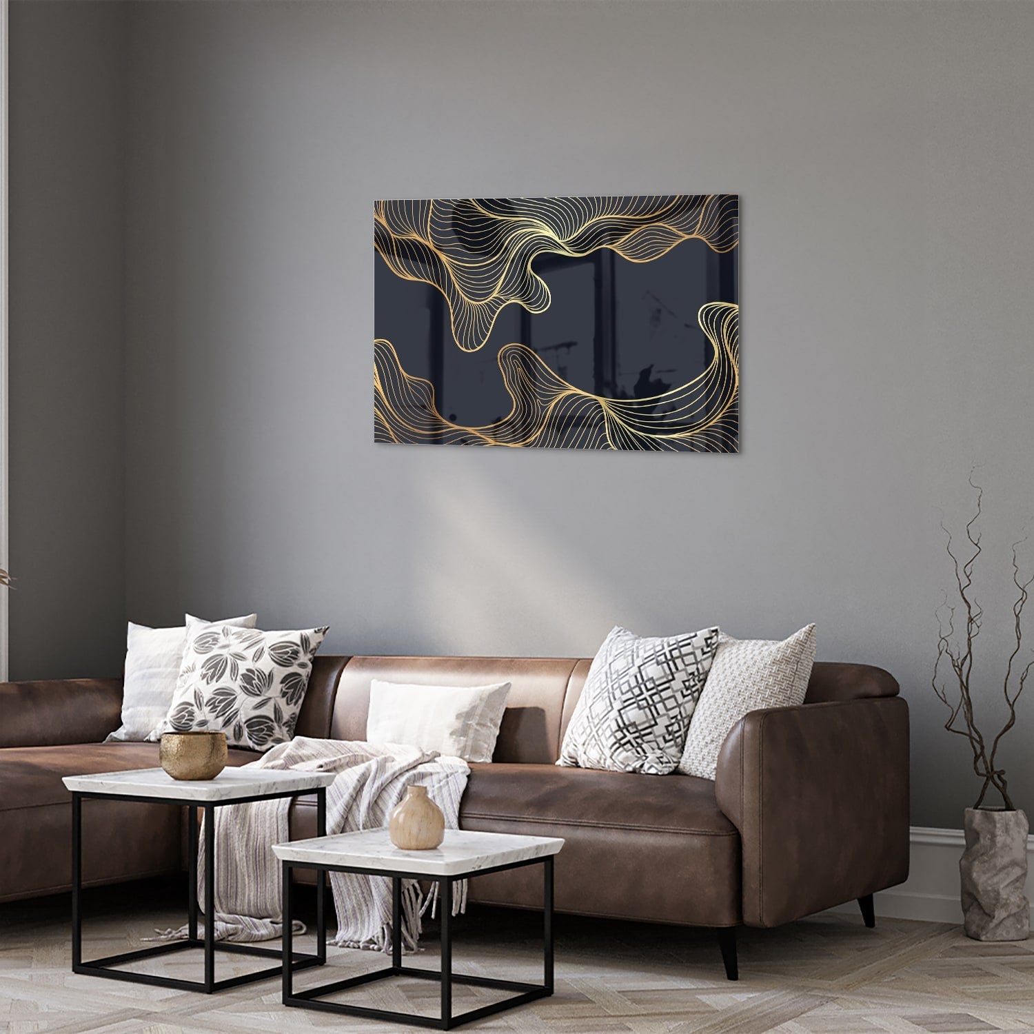 Elegantes Glasbild mit goldenen Linien auf dunkelblauem Hintergrund – Glasbild aus Sicherheitsglas, Größe 50x50_rond