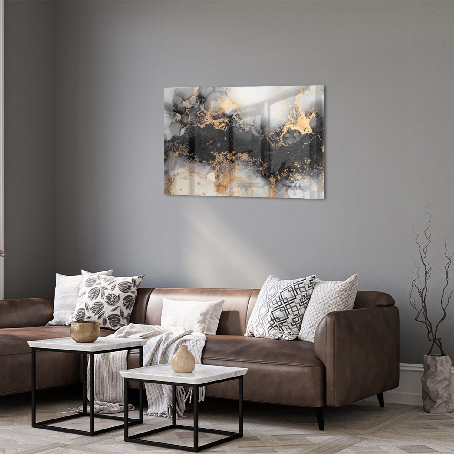 Elegantes Glasbild mit Gold und Schwarz – Glasbild aus Sicherheitsglas, Größe 50x50_rond