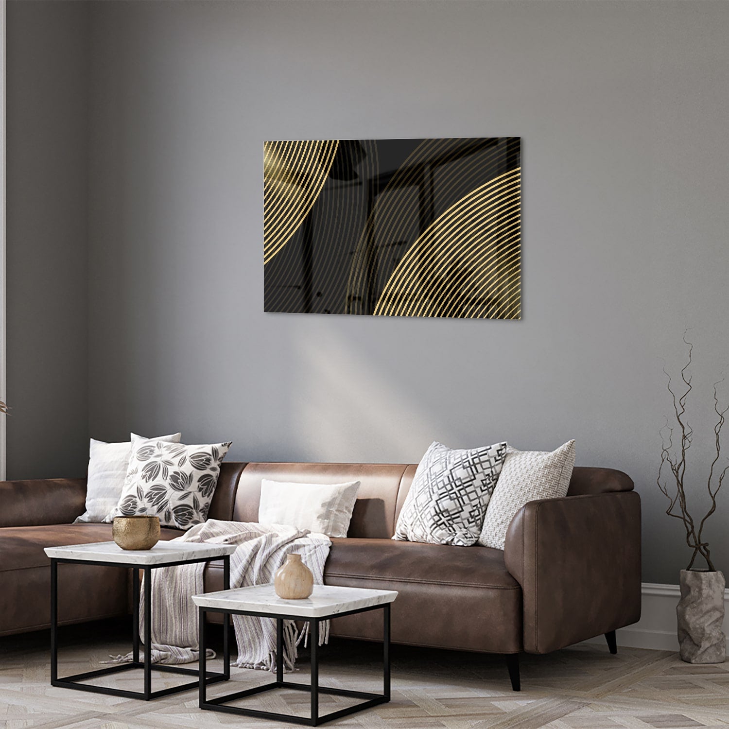 Geradliniges Glasbild mit goldenen Linien – Glasbild aus Sicherheitsglas, Größe 50x50_rond