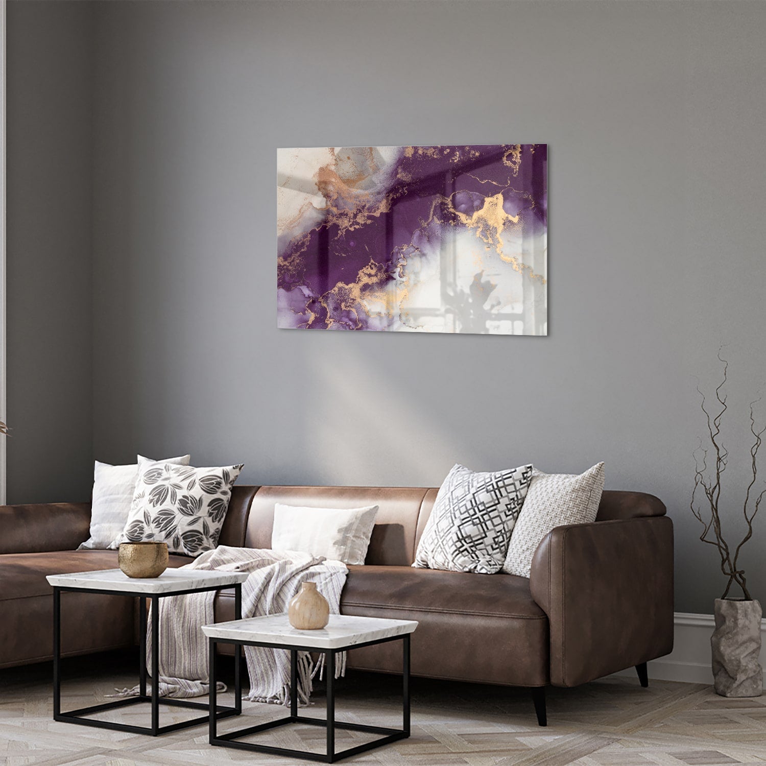 Violettes Glasbild mit goldenen Akzenten – Glasbild aus Sicherheitsglas, Größe 50x50_rond