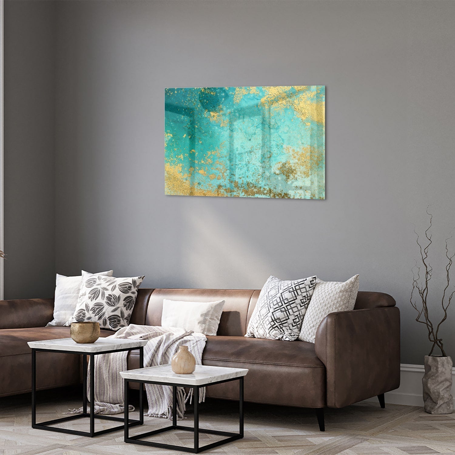 Glasbild mit goldenen Akzenten auf Türkis – Glasbild aus Sicherheitsglas, Größe 50x50_rond