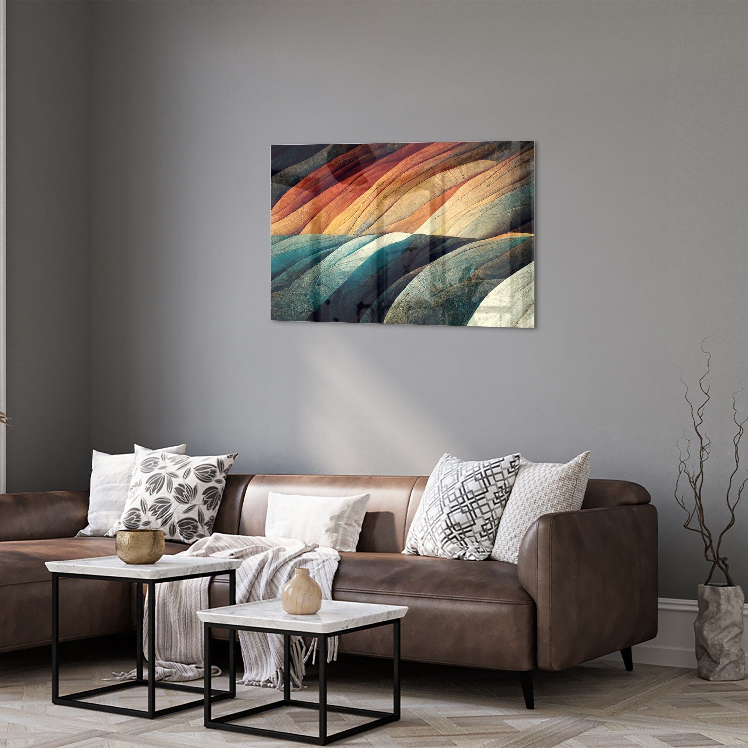 Abstraktes Glasbild mit farbenfrohen Wellen – Glasbild aus Sicherheitsglas, Größe 50x50_rond