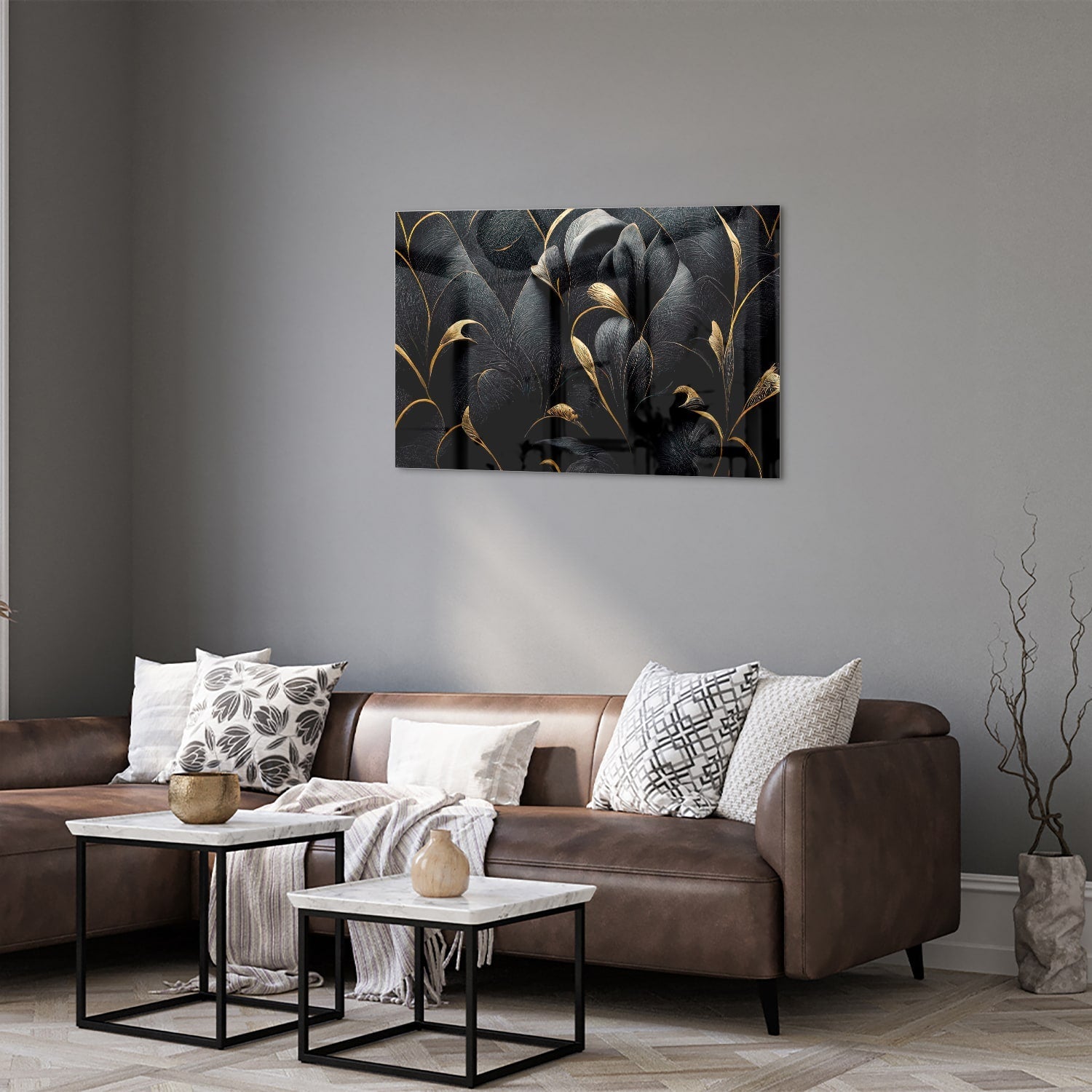 Elegantes Glasbild mit goldenen Blättern – Glasbild aus Sicherheitsglas, Größe 50x50_rond