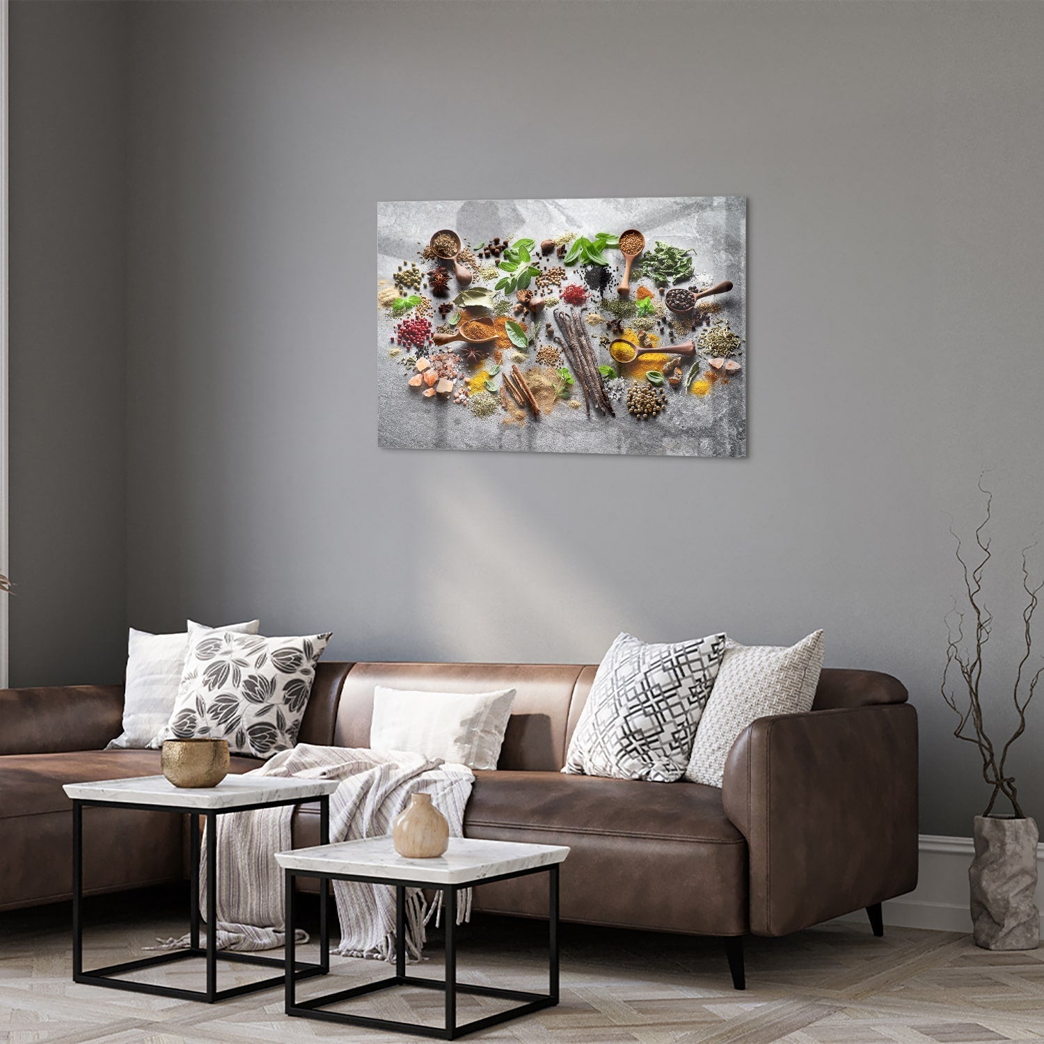 Farbenfrohes Glasbild mit Kräutern und Gewürzen – Glasbild aus Sicherheitsglas, Größe 50x50_rond