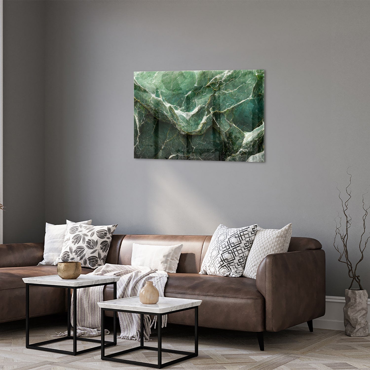 Glasbild mit grüner Marmoroptik – Glasbild aus Sicherheitsglas, Größe 50x50_rond