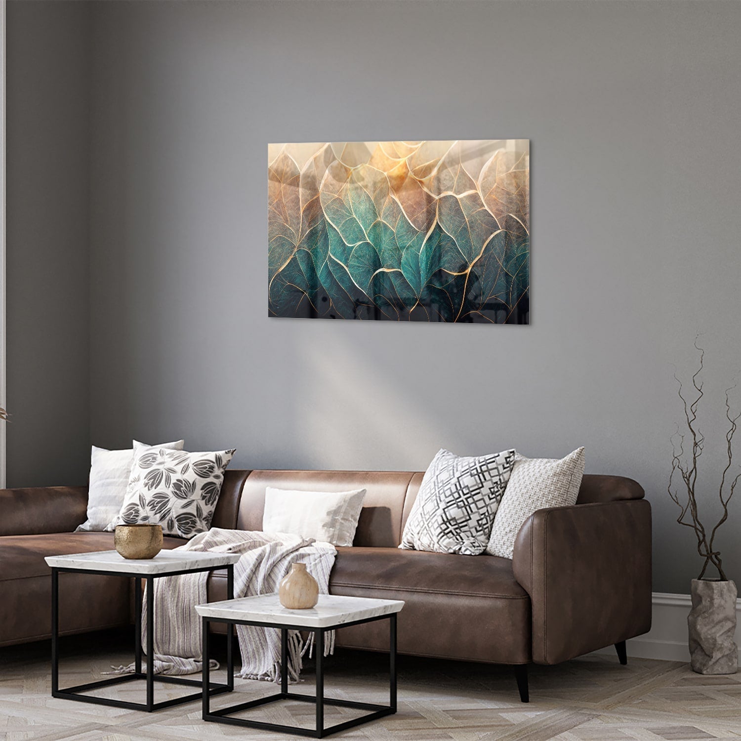 Glasbild mit Blättern und goldenen Linien – Glasbild aus Sicherheitsglas, Größe 50x50_rond