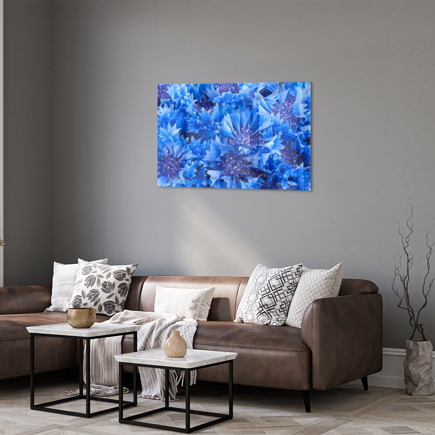 Blaues Glasbild mit Blumenmotiv – Glasbild aus Sicherheitsglas, Größe 50x50_rond