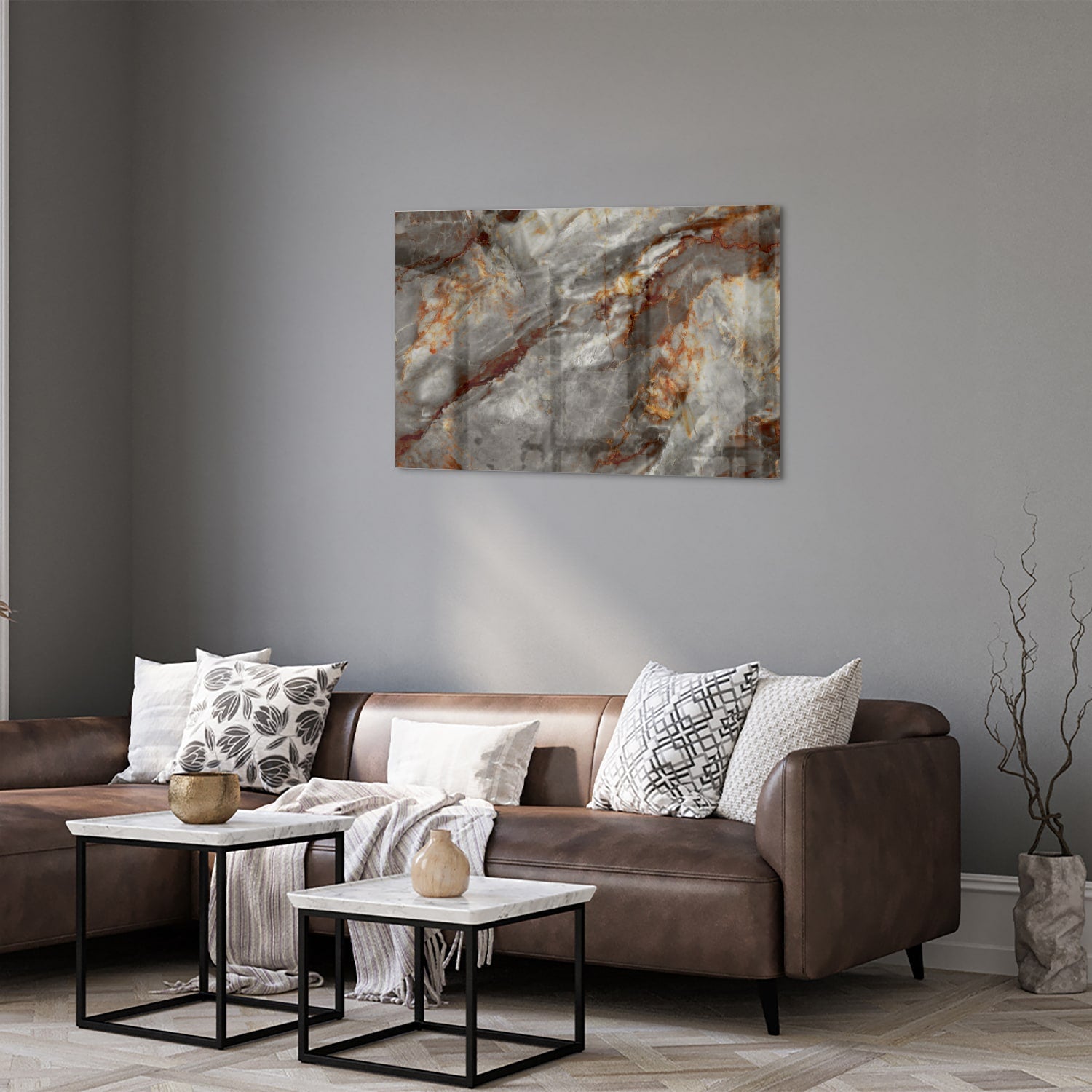 Glänzendes Glasbild mit Marmoroptik in Grau – Glasbild aus Sicherheitsglas, Größe 50x50_rond