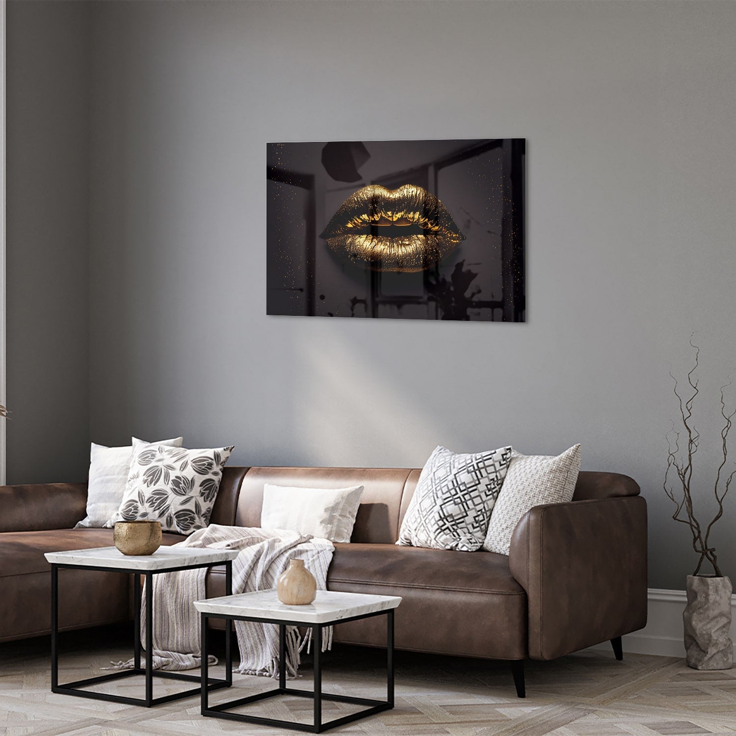 Glasbild mit goldenen Lippen für ein luxuriöses Interieur – Glasbild aus Sicherheitsglas, Größe 50x50_rond