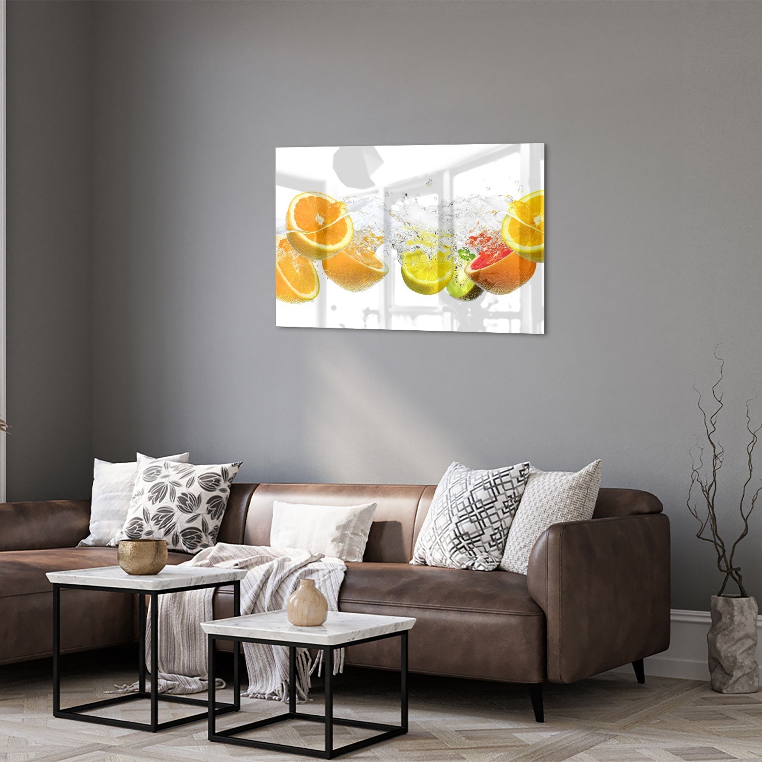Erfrischendes Glasbild mit Zitrusfrüchten – Glasbild aus Sicherheitsglas, Größe 50x50_rond