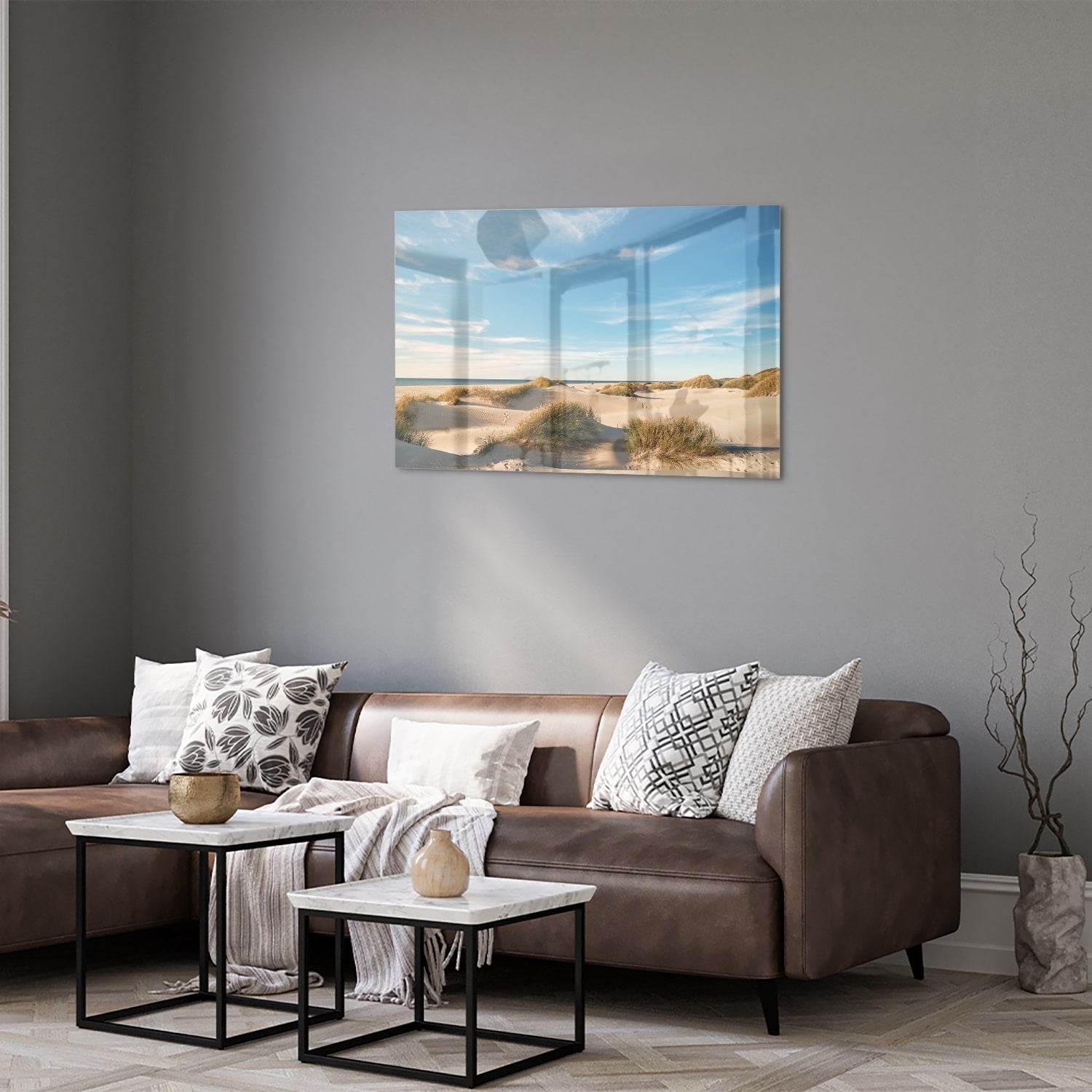 Glasbild mit Dünen und blauem Himmel – Glasbild aus Sicherheitsglas, Größe 50x50_rond