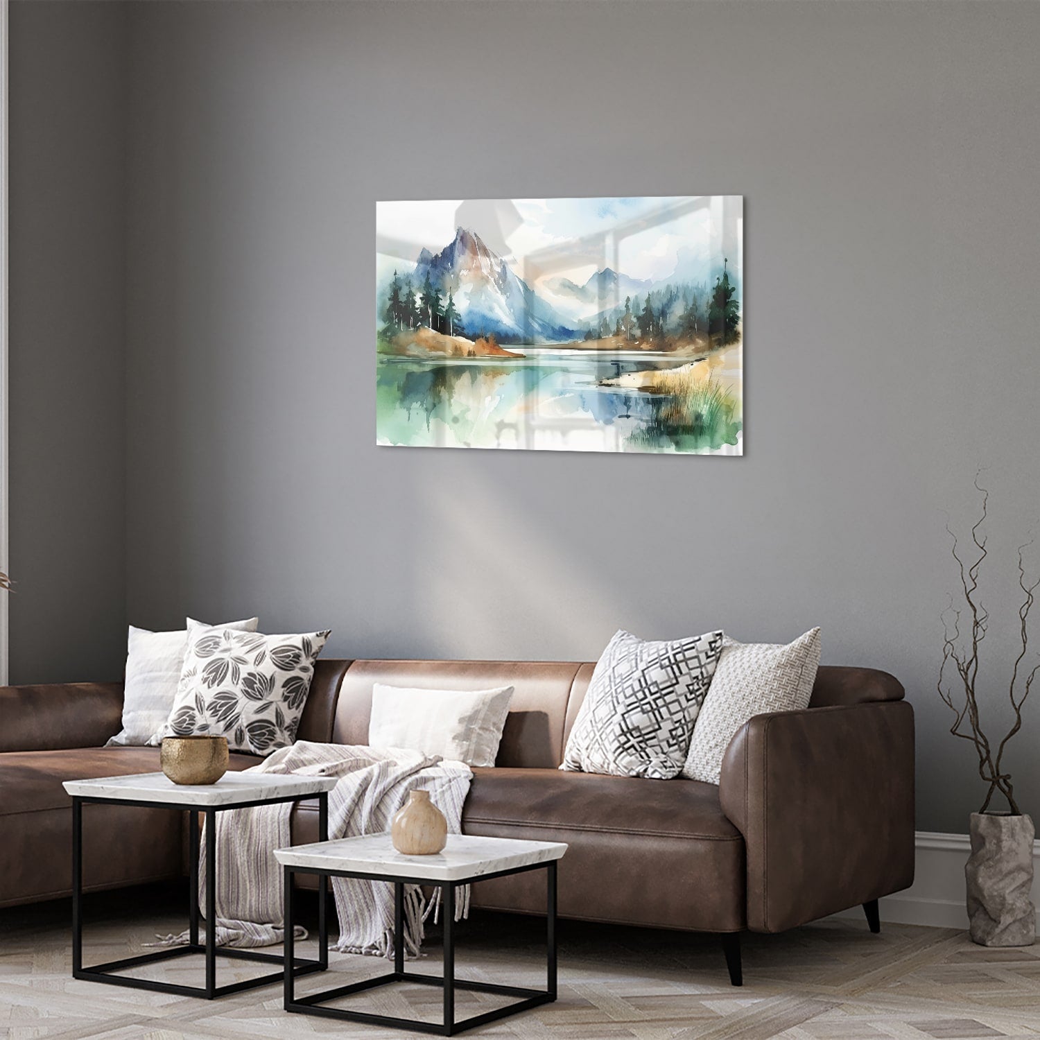 Glasbild mit Bergen und See im Aquarellstil – Glasbild aus Sicherheitsglas, Größe 50x50_rond