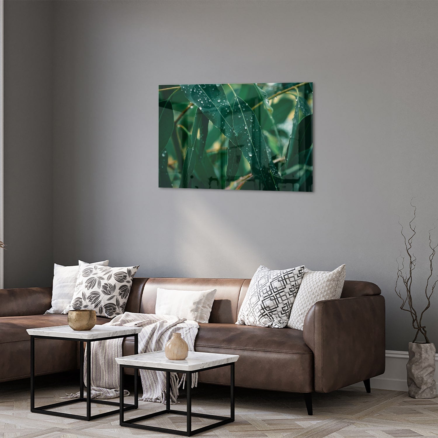 Glasbild mit grünen Blättern und Tautropfen – Glasbild aus Sicherheitsglas, Größe 50x50_rond